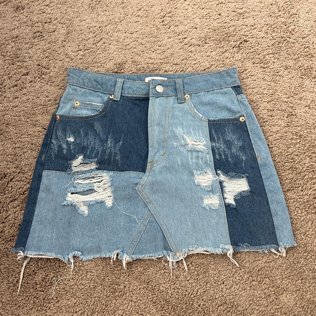 Denim patched mini skirt. Size XS. Worn once. In... - Depop