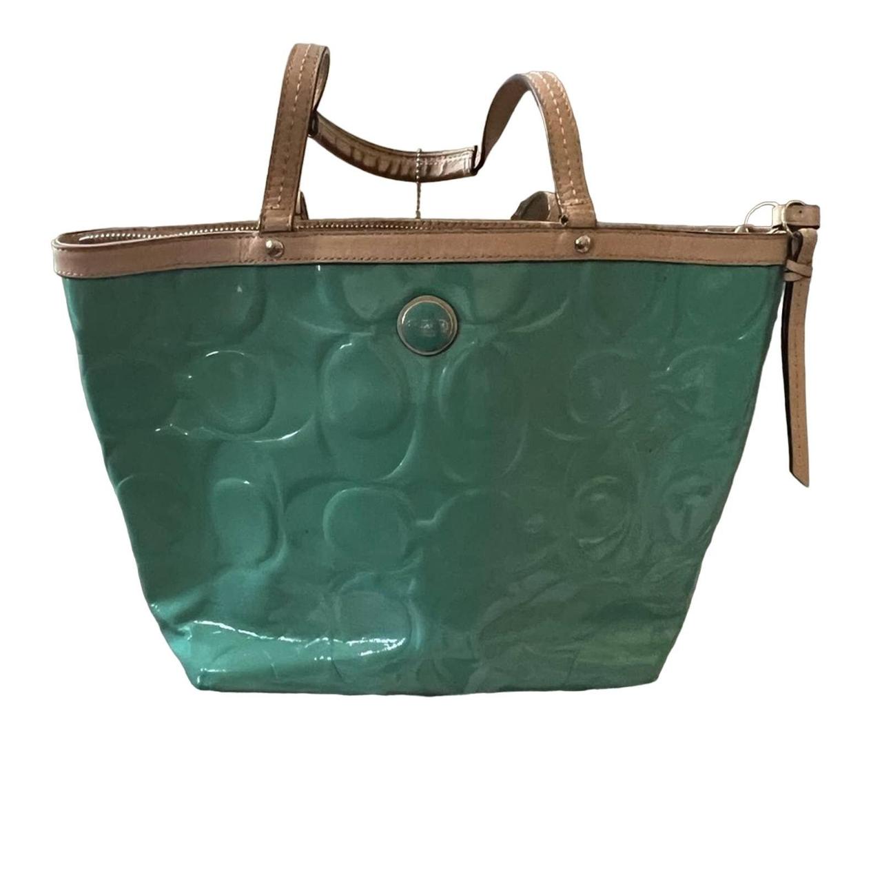 Coach teal popular patent leather shoulder tote