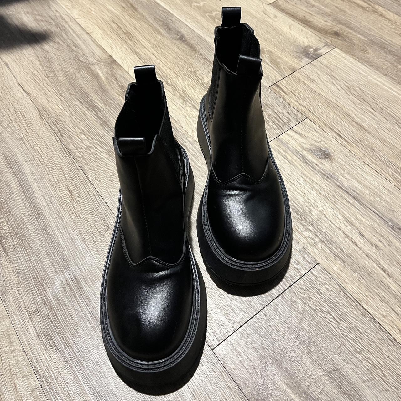 black faux leather ankle boots from Shein. bought... - Depop