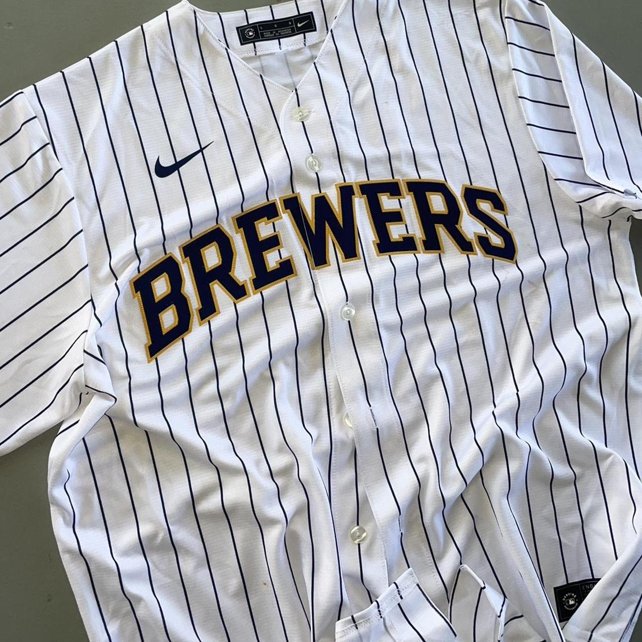 Nike MLB Milwaukee Brewers #24 Pavey Navy Yellow - Depop