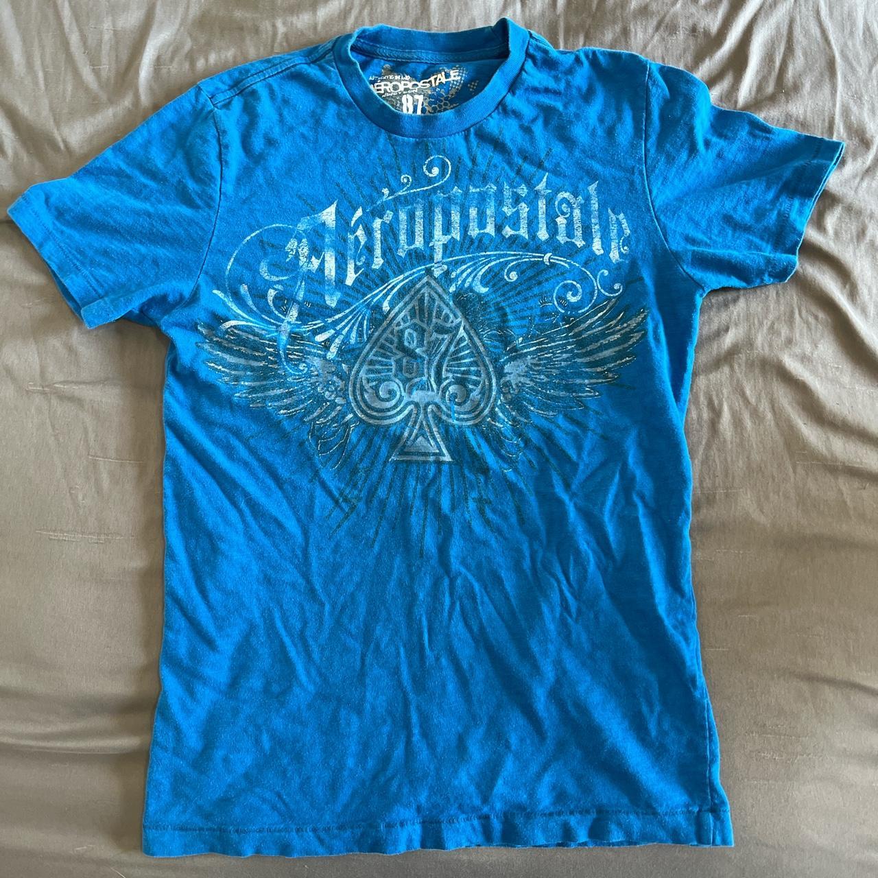 Aeropostale Women's Blue and White T-shirt | Depop