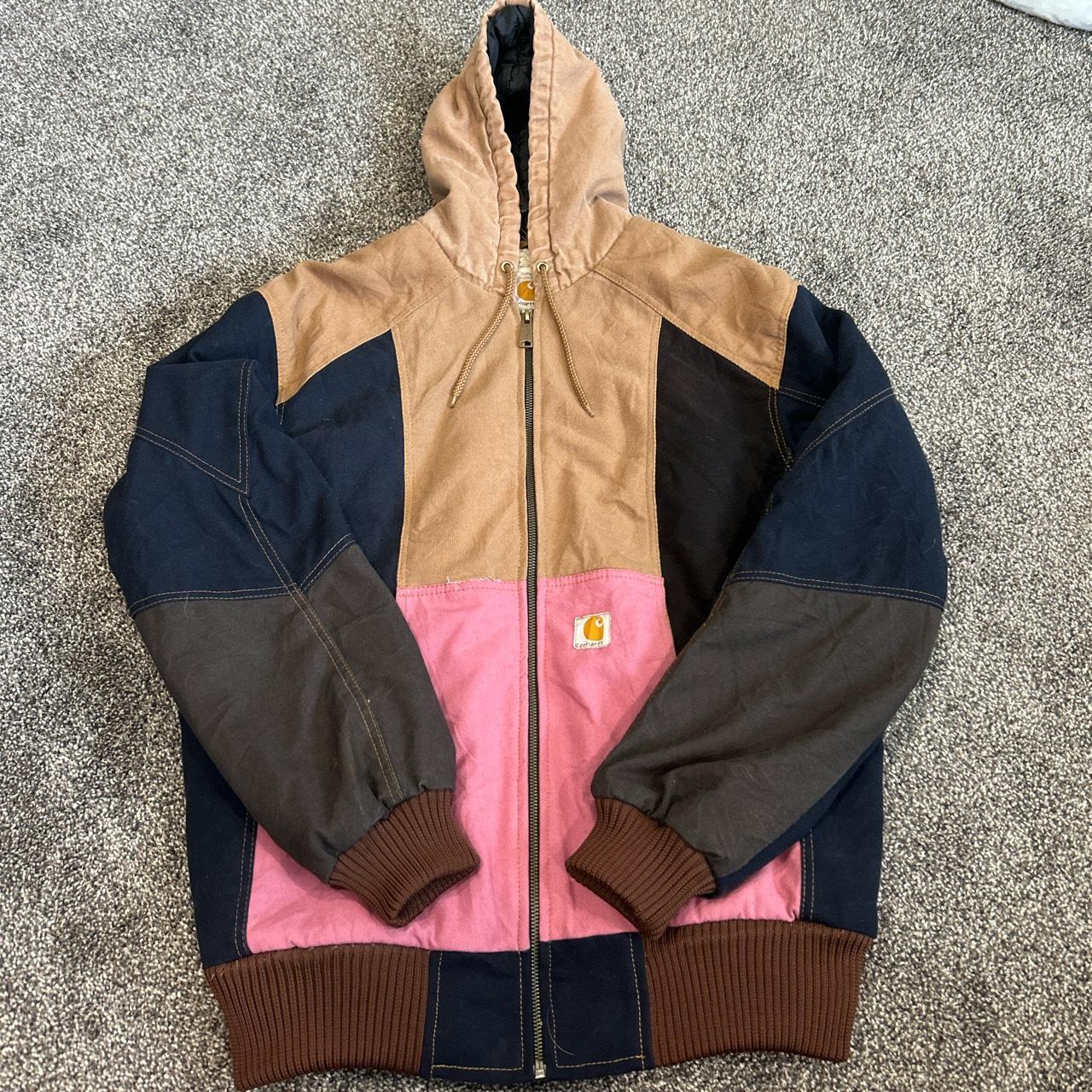 crazy pink/navy/gray/tan patchwork carhartt jacket... - Depop