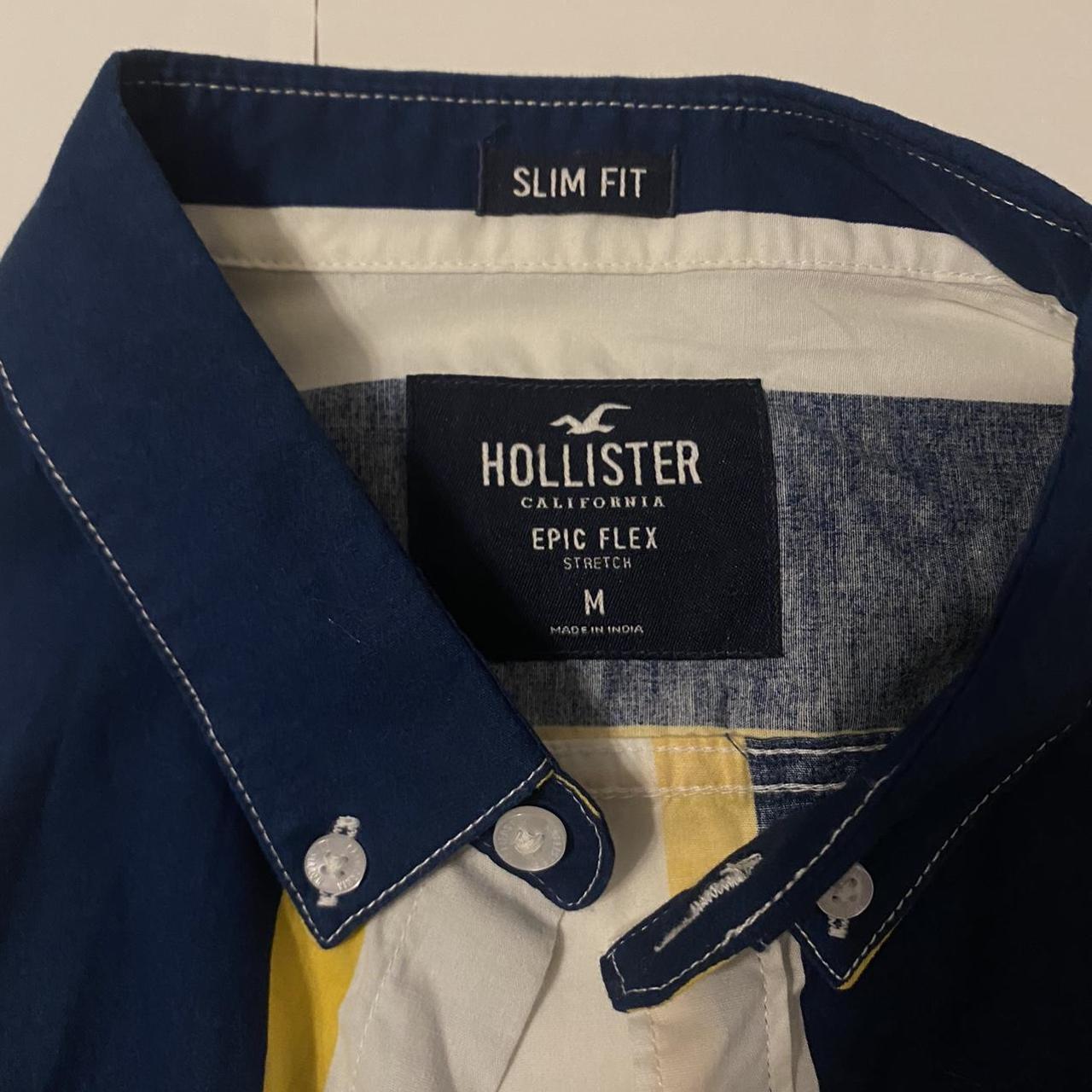 Hollister Blue, Yellow and White Striped Button Up - Depop
