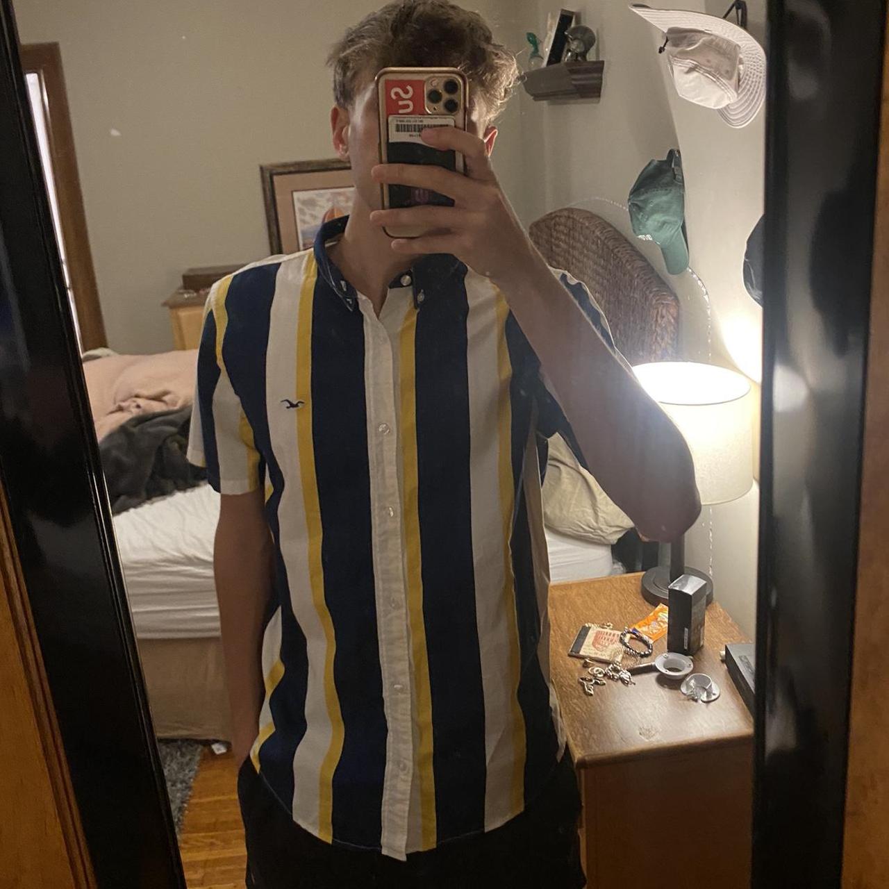 Hollister Blue, Yellow and White Striped Button Up
