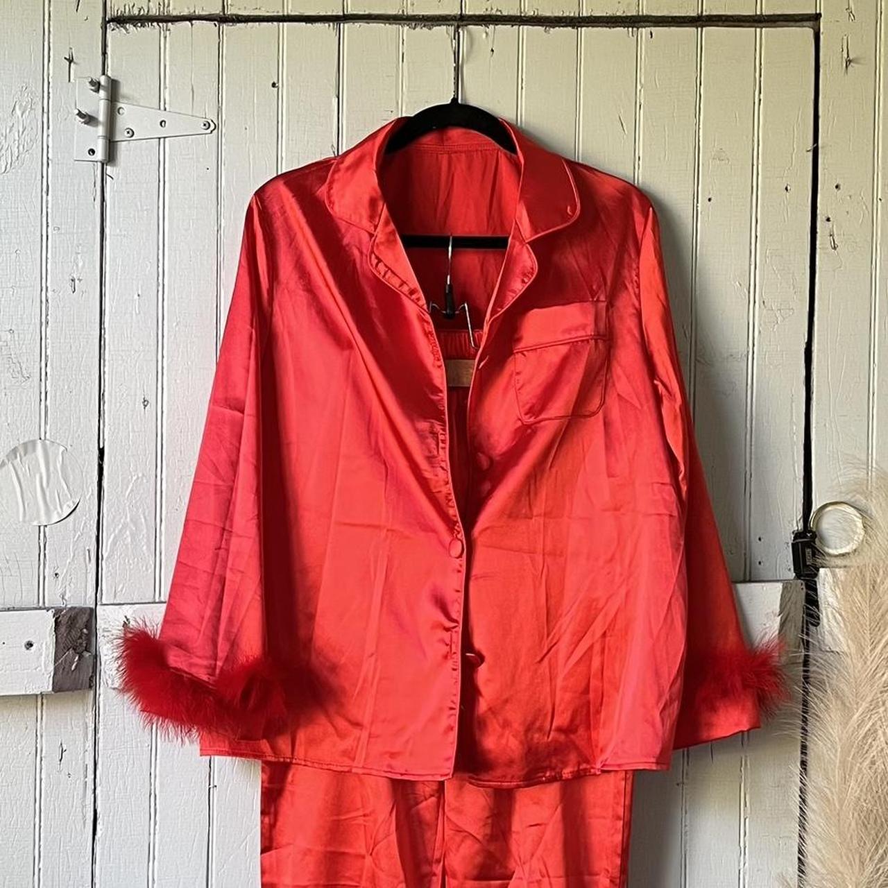 fiery red satin blouse with a gorgeous flamey... - Depop