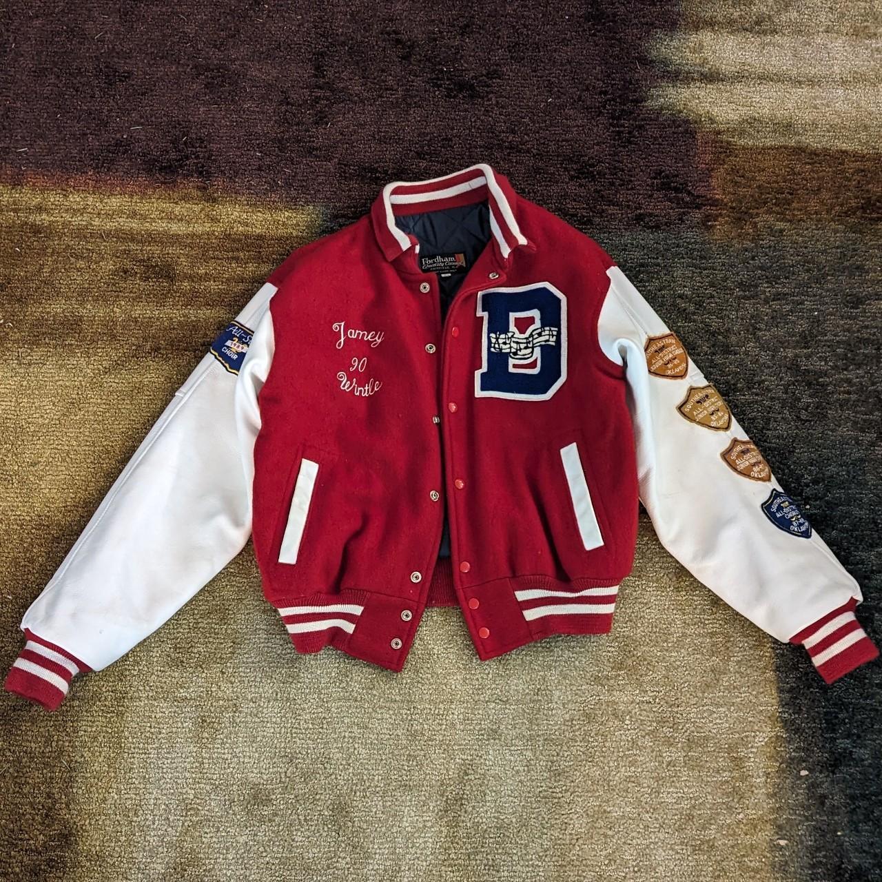 1990 varsity jacket in classic red and white... - Depop