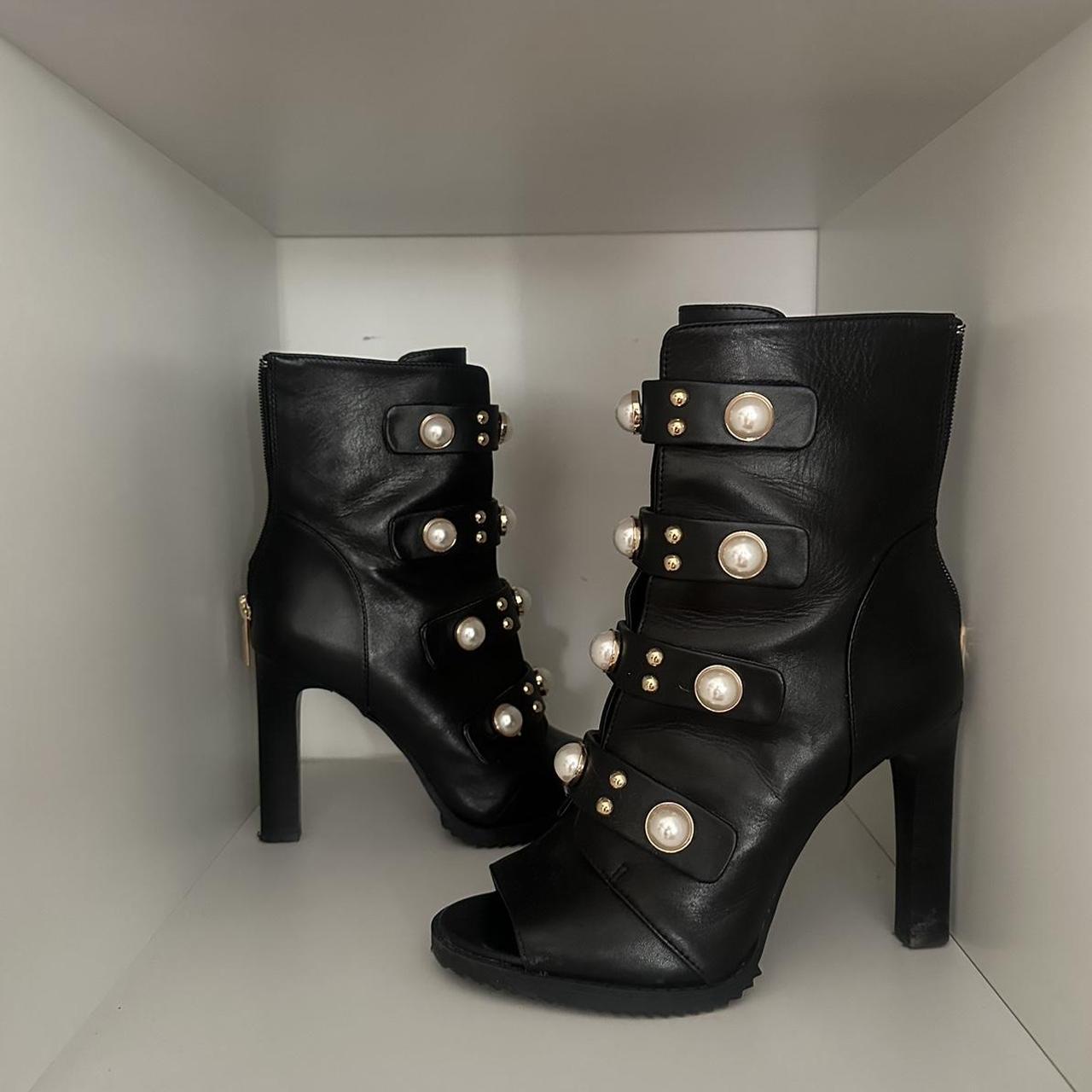 Karl Lagerfeld, Pearl Studded OpenToe Boots Depop