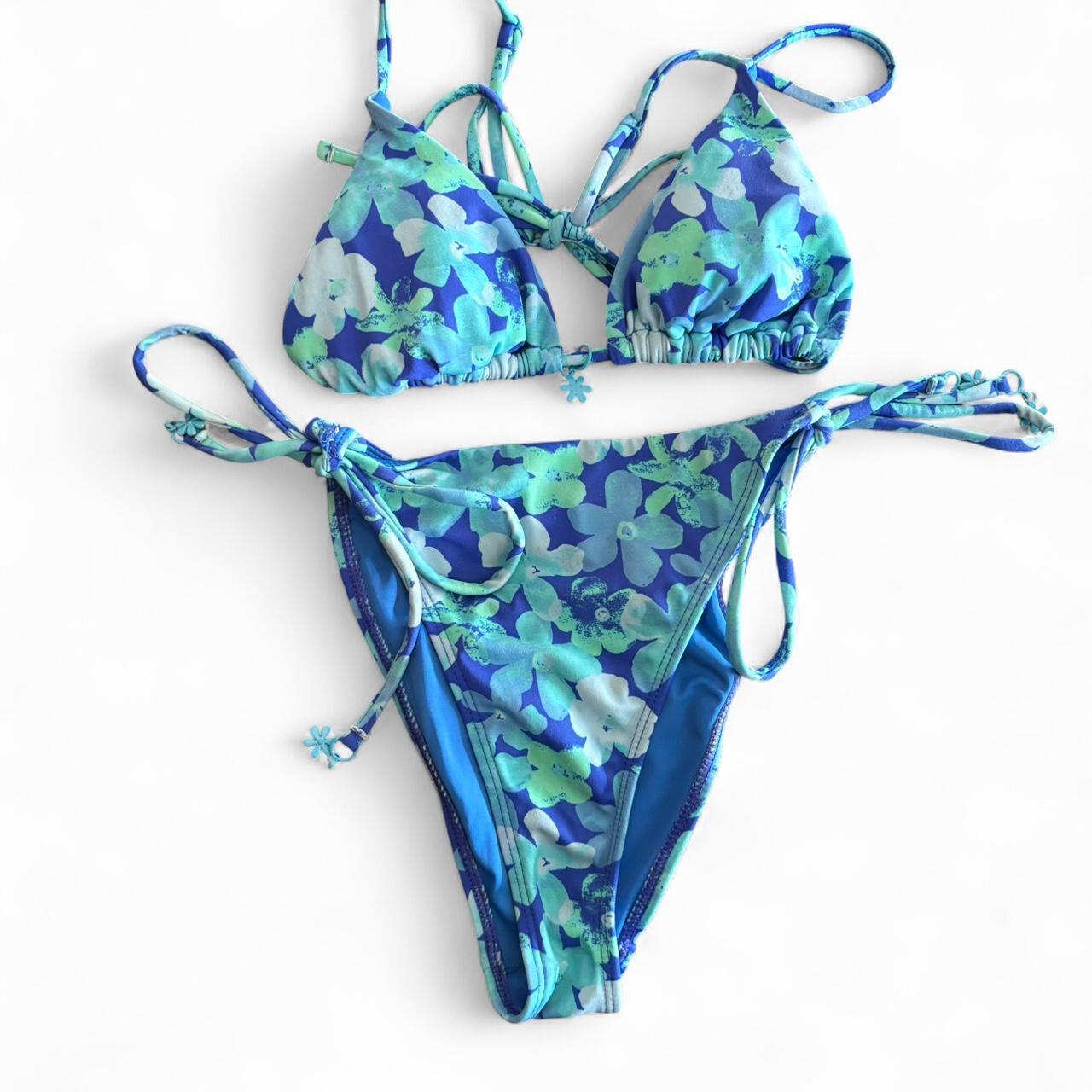 Pacsun blue floral string bikini with flower... | Depop