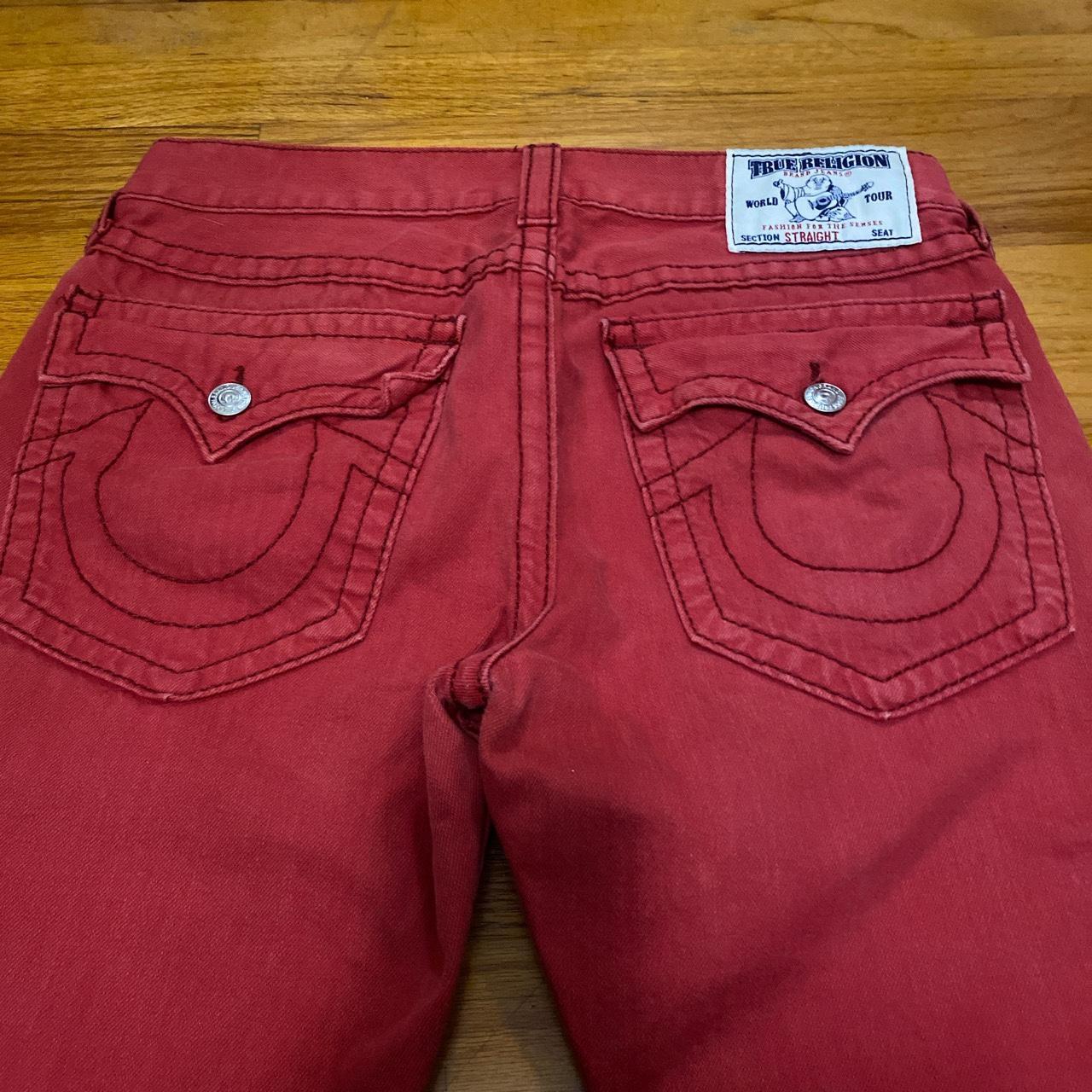 RED TRUE RELIGION JEANS Size 34 from waist to... - Depop