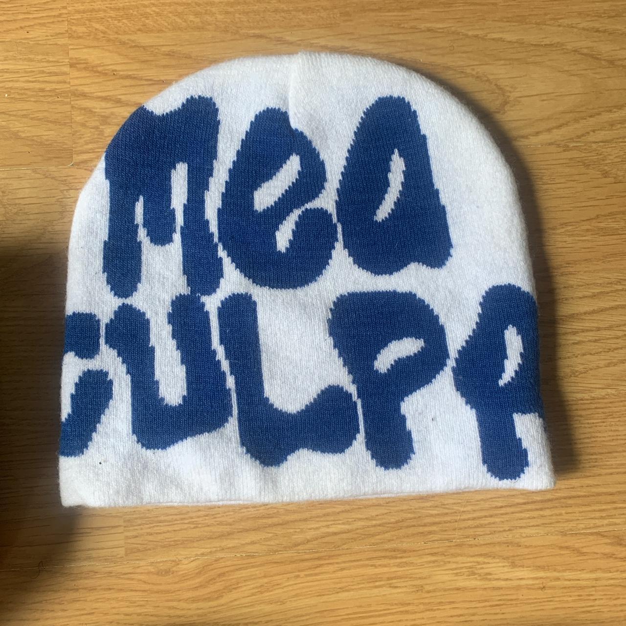 blue and white Mea Culpa beanie - Depop