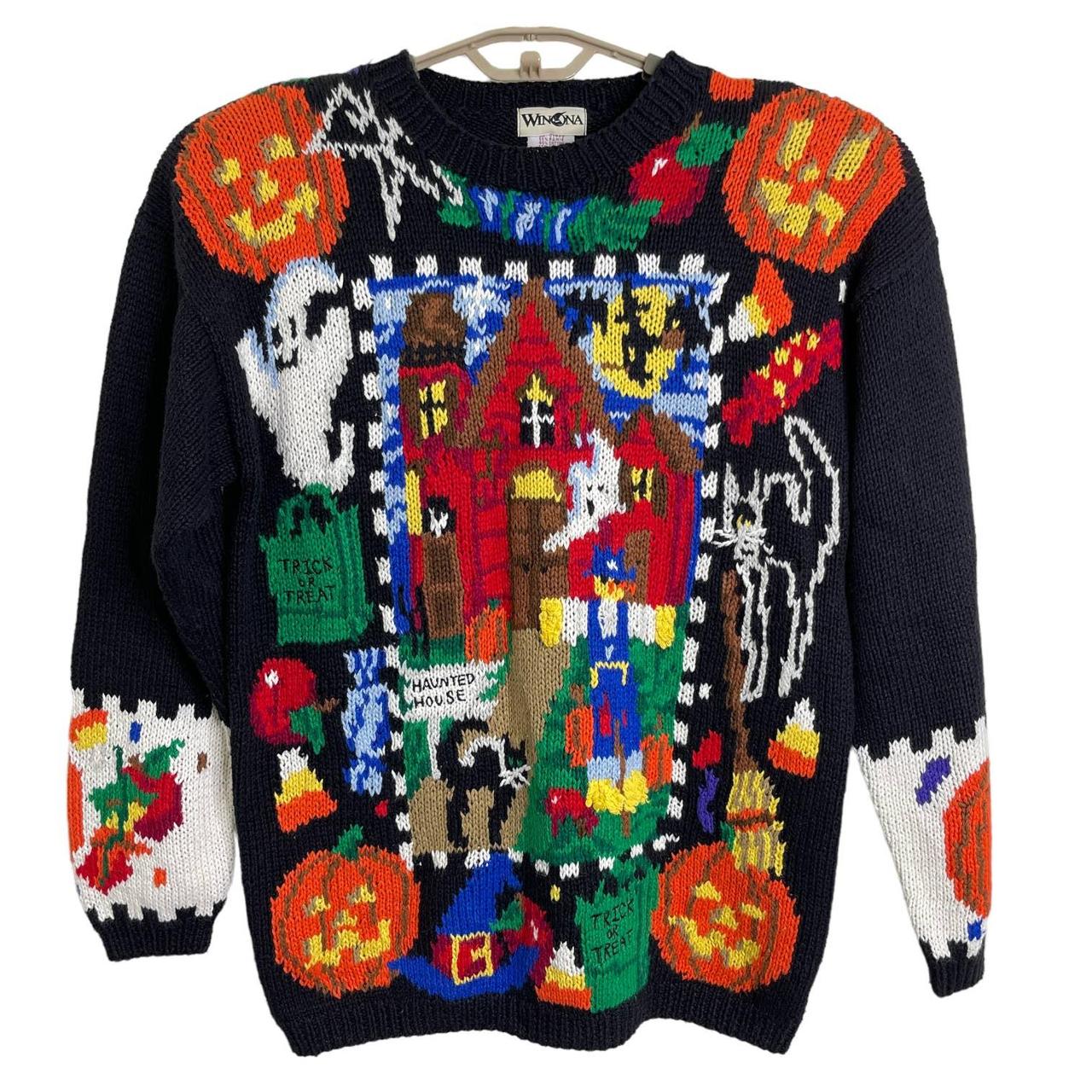 Vintage Halloween sweater. Black sweater with bright... - Depop