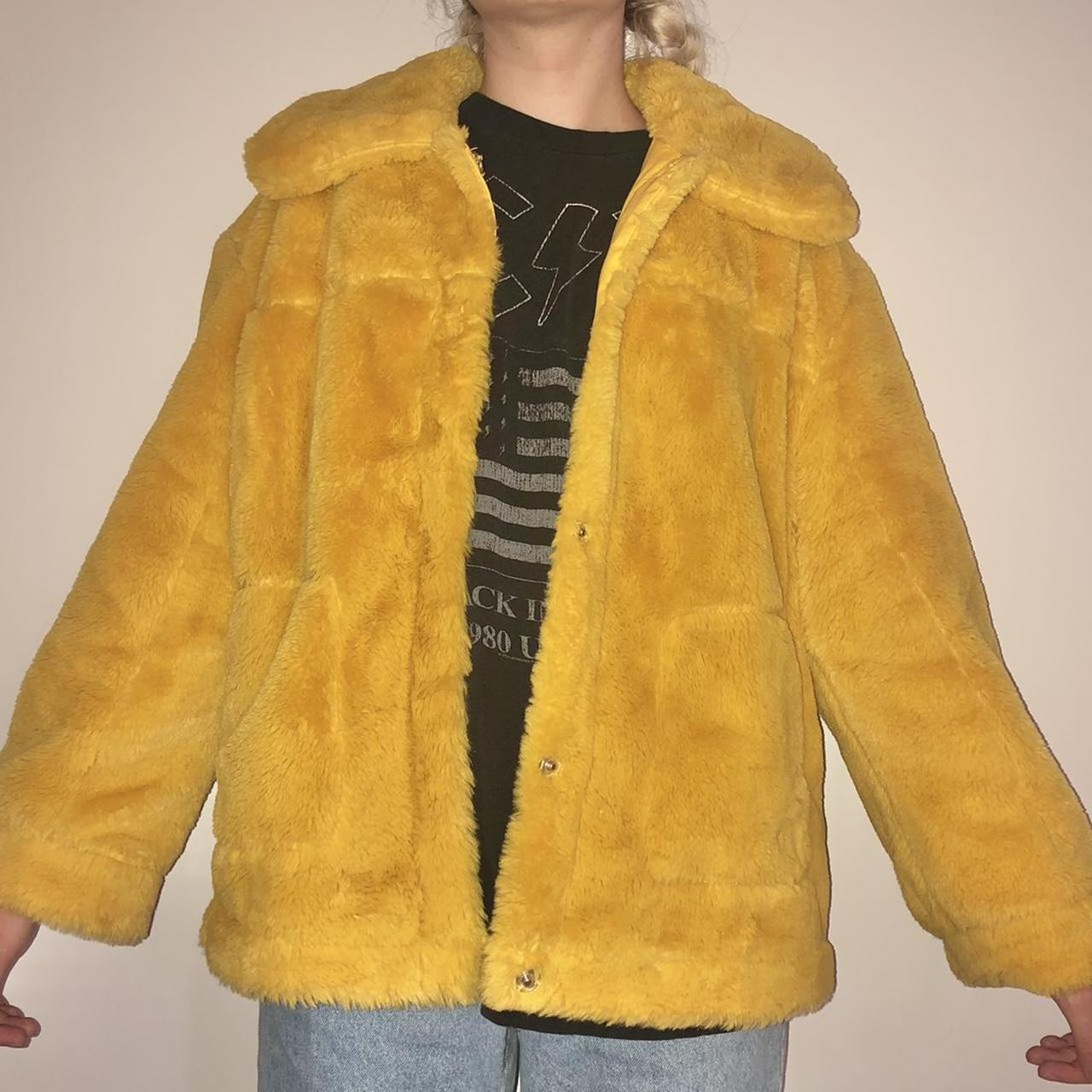 Bright yellow fur coat Faux fur!! Vintage!!! Has zip... - Depop