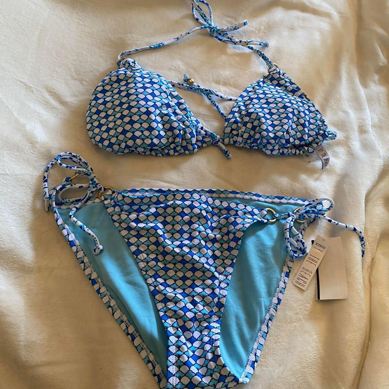 NWT By the Sea Blue and White Seashell Print Bikini XL - Depop