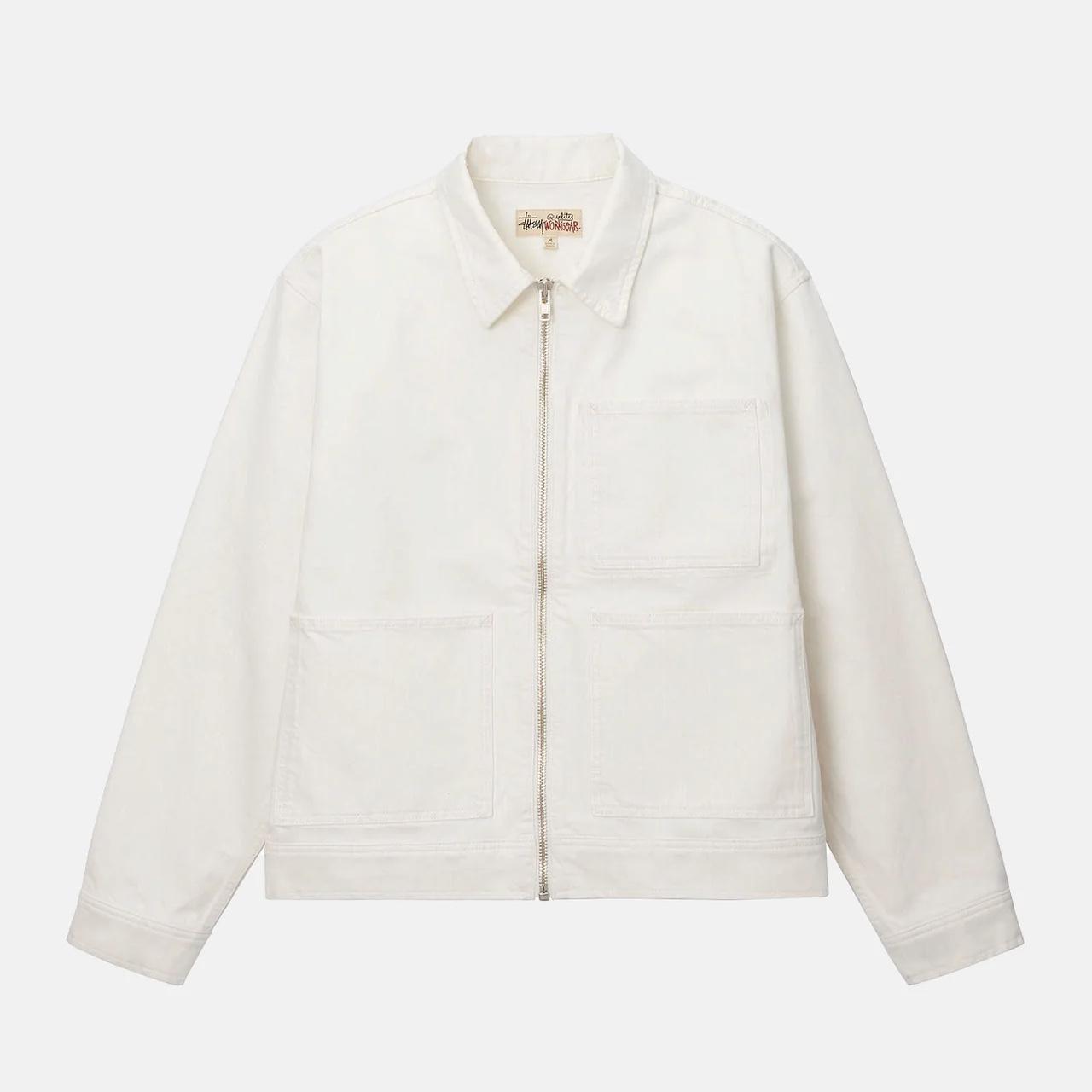 Stussy overdyed zip work jacket in white Worn only... - Depop