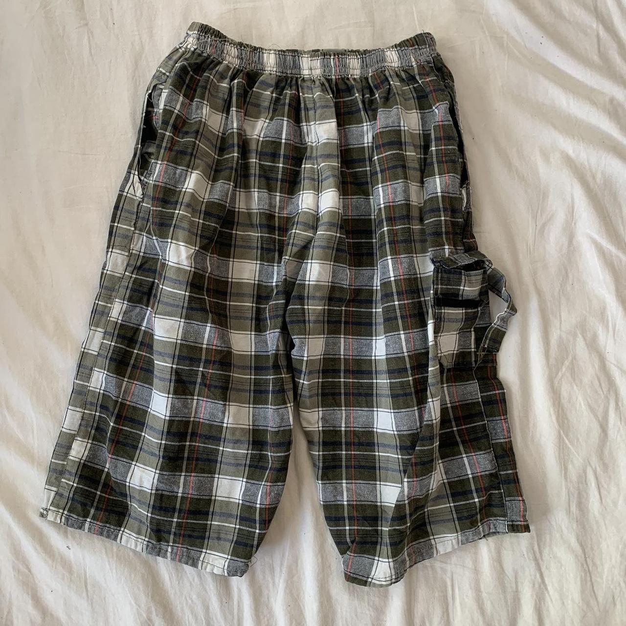 checkered flannel jorts around 34” used condition... - Depop