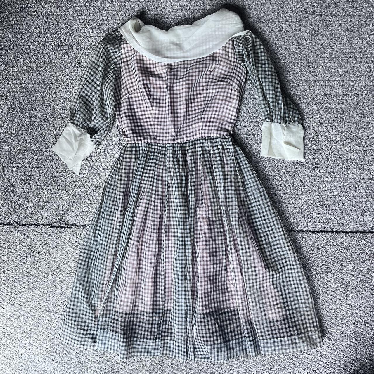 1950’s black and white gingham chiffon dress with... - Depop