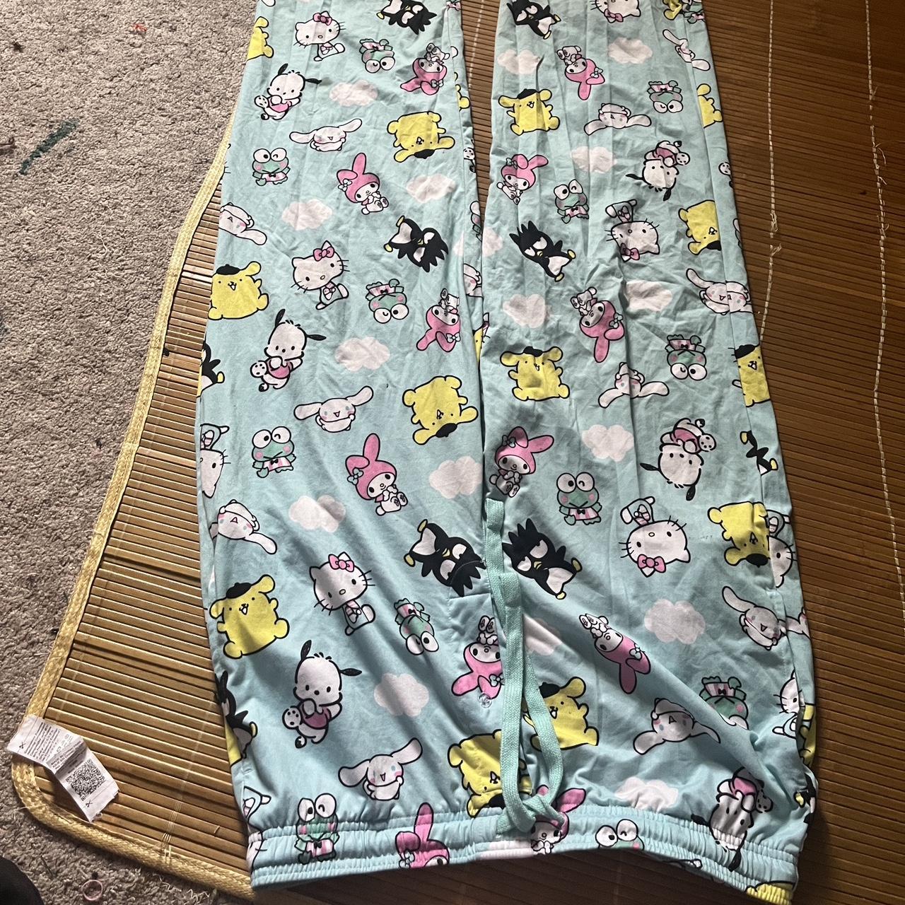 Large teal sanrio and hello kitty pajama bottom depop