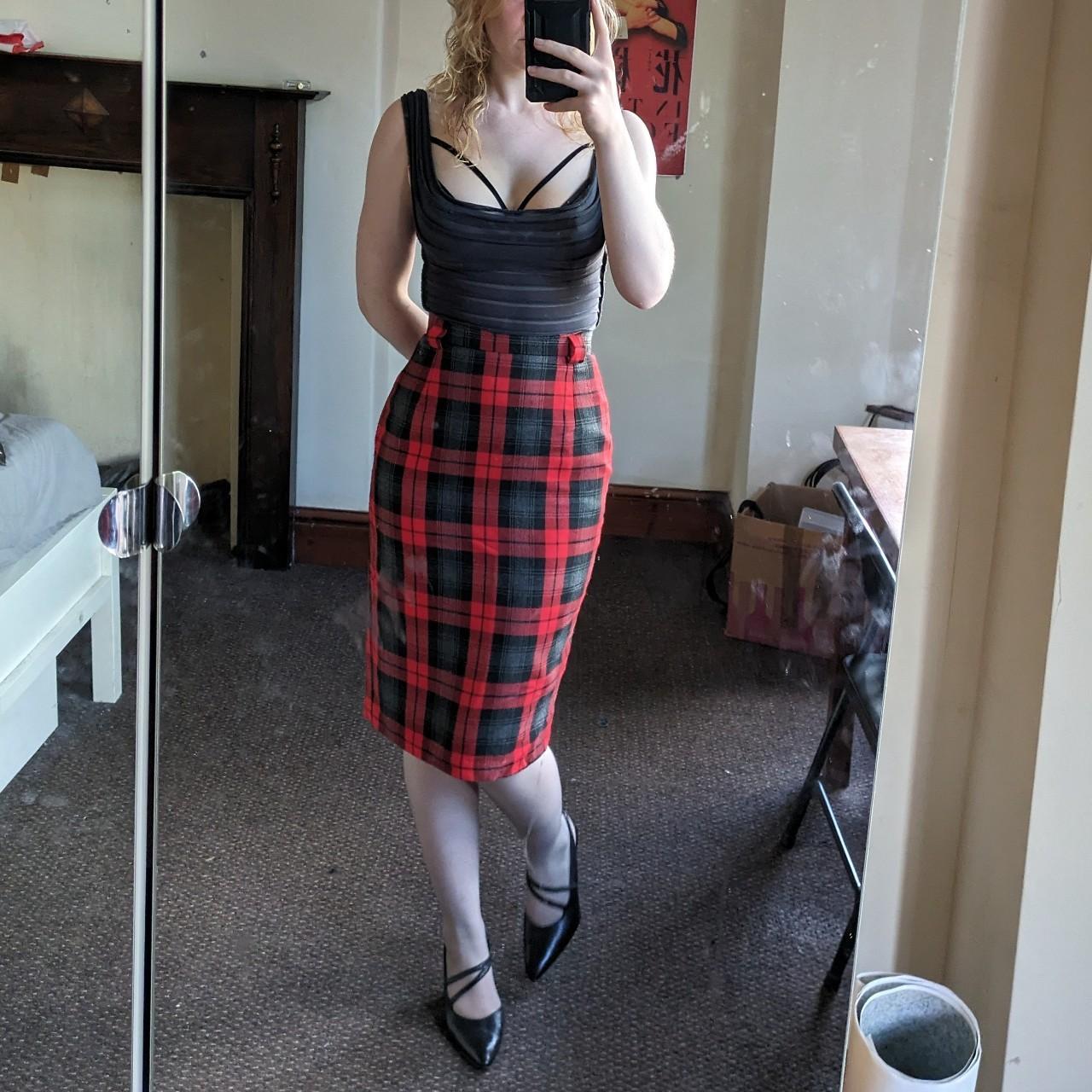 vintage red and black tartan midi pencil skirt by