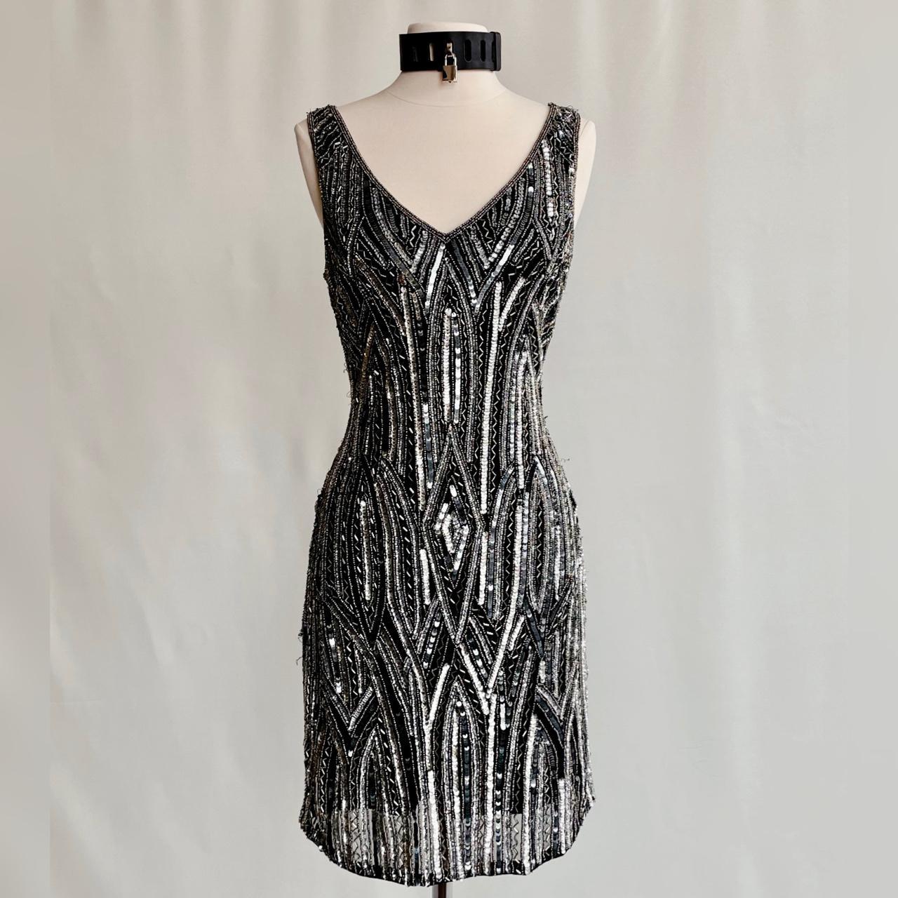 Adrianna Papell Women's Black and Silver Dress | Depop