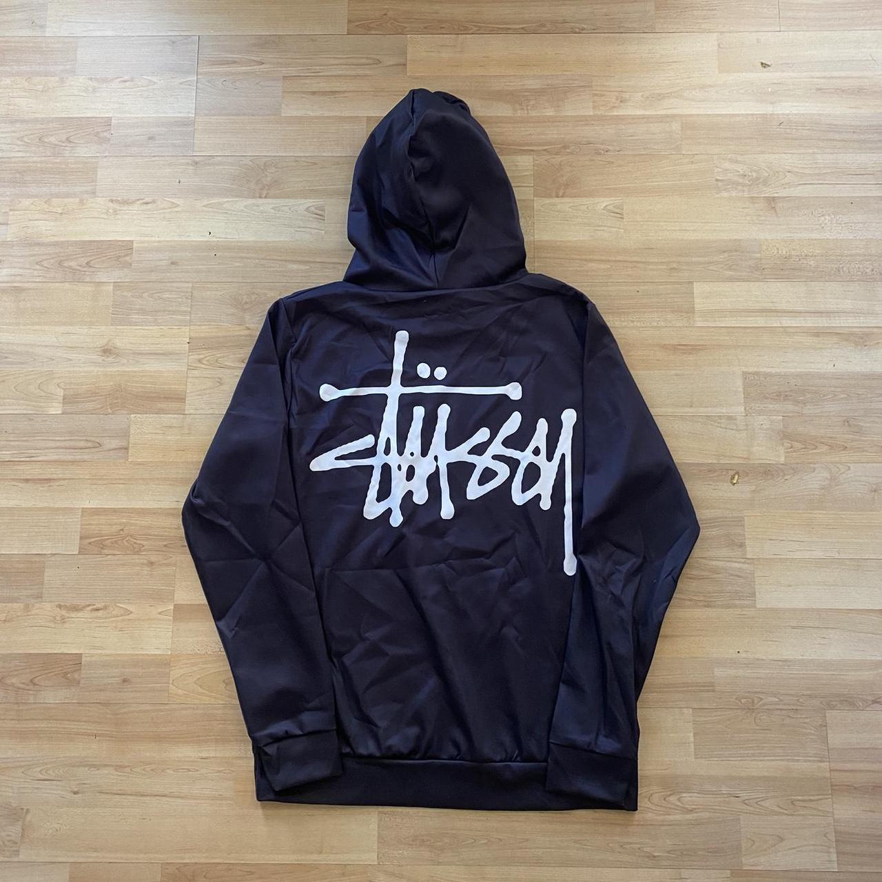 Stüssy Black and White graffiti polyester hoodie •... - Depop