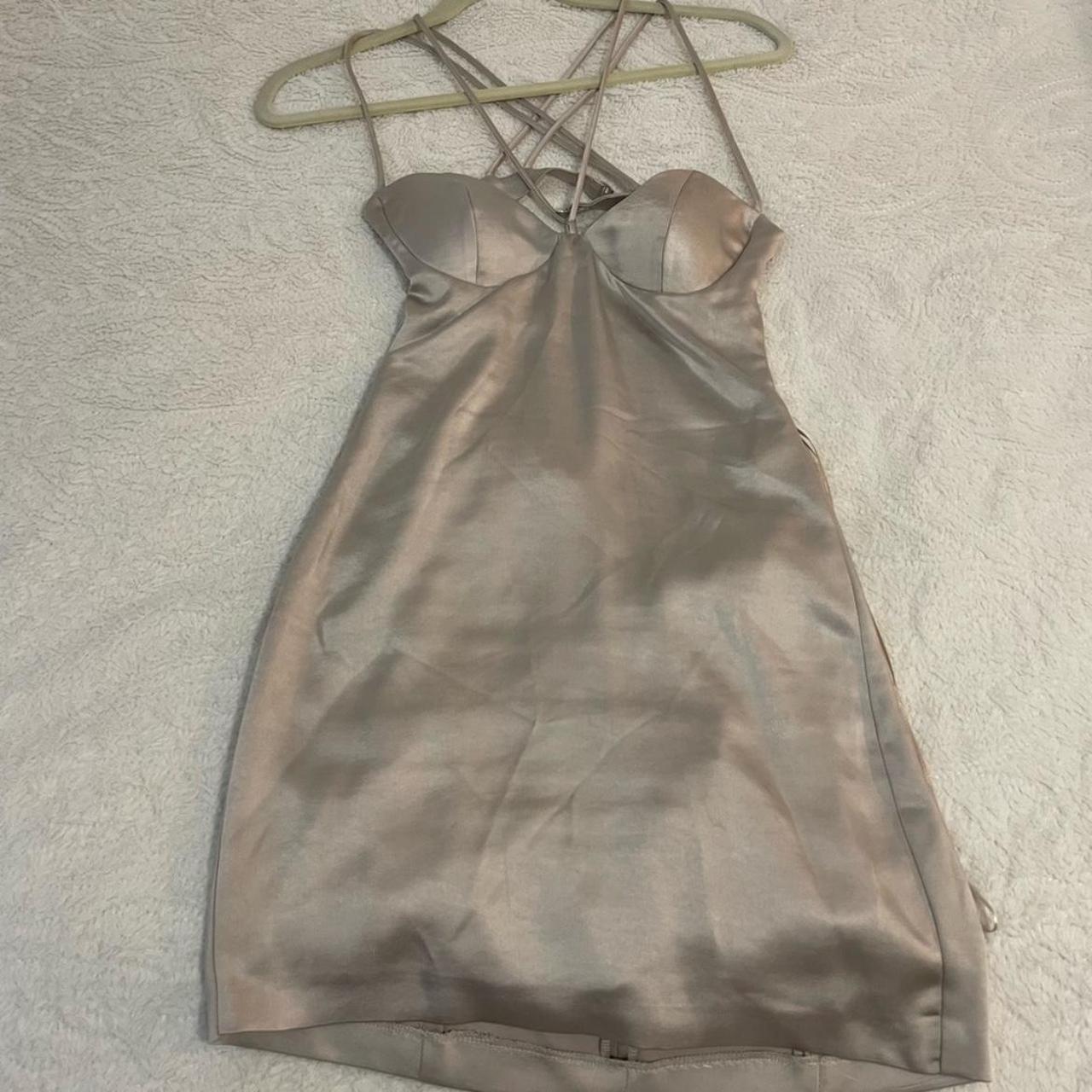 zara satin strappy pearl colored dress worn once... - Depop