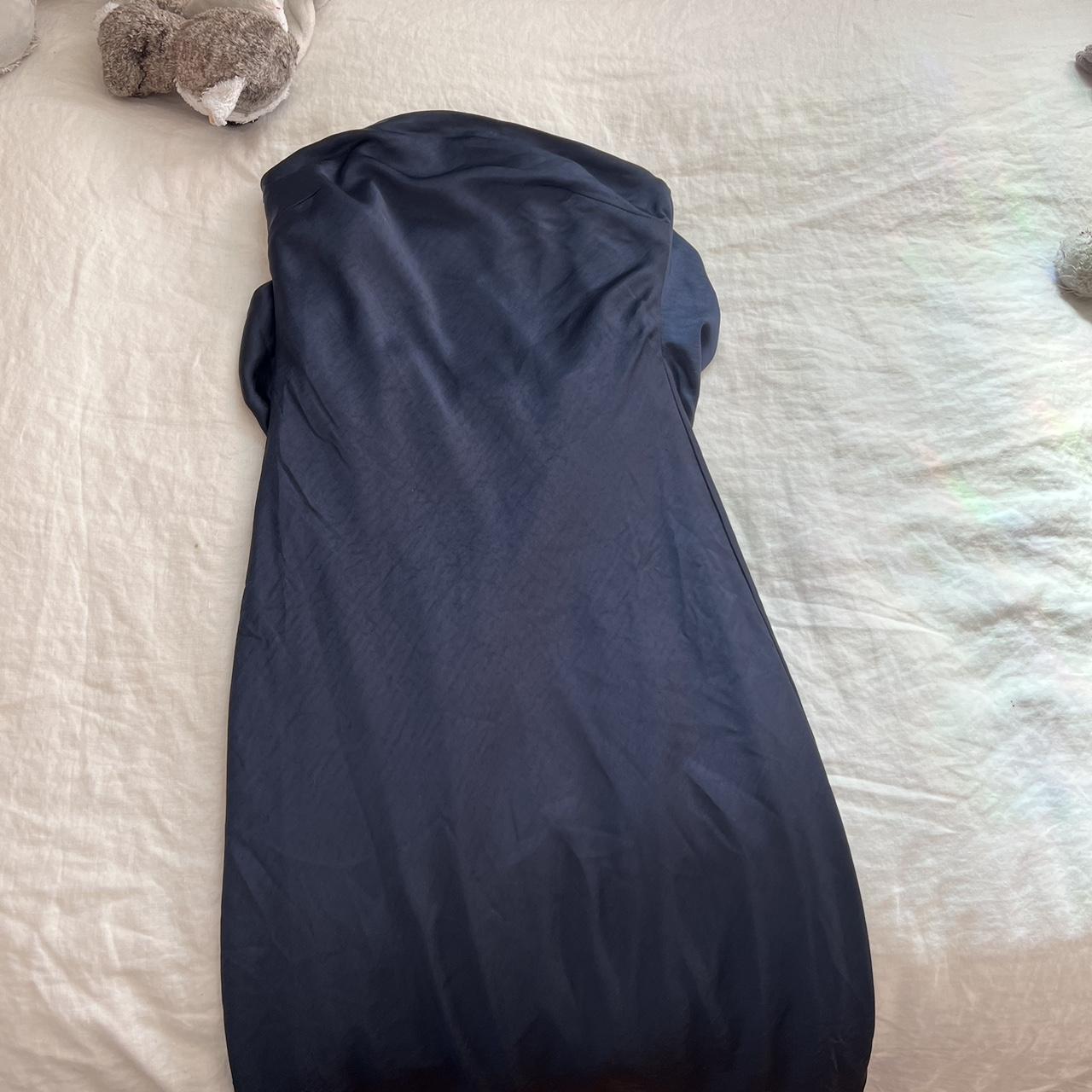 Midi navy blue satin dress with draped back. - Depop
