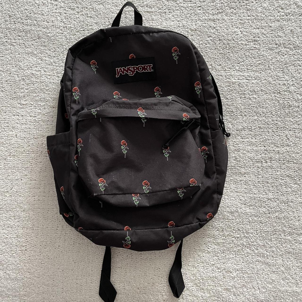 Jansport Backpack Black with Red Roses All... Depop
