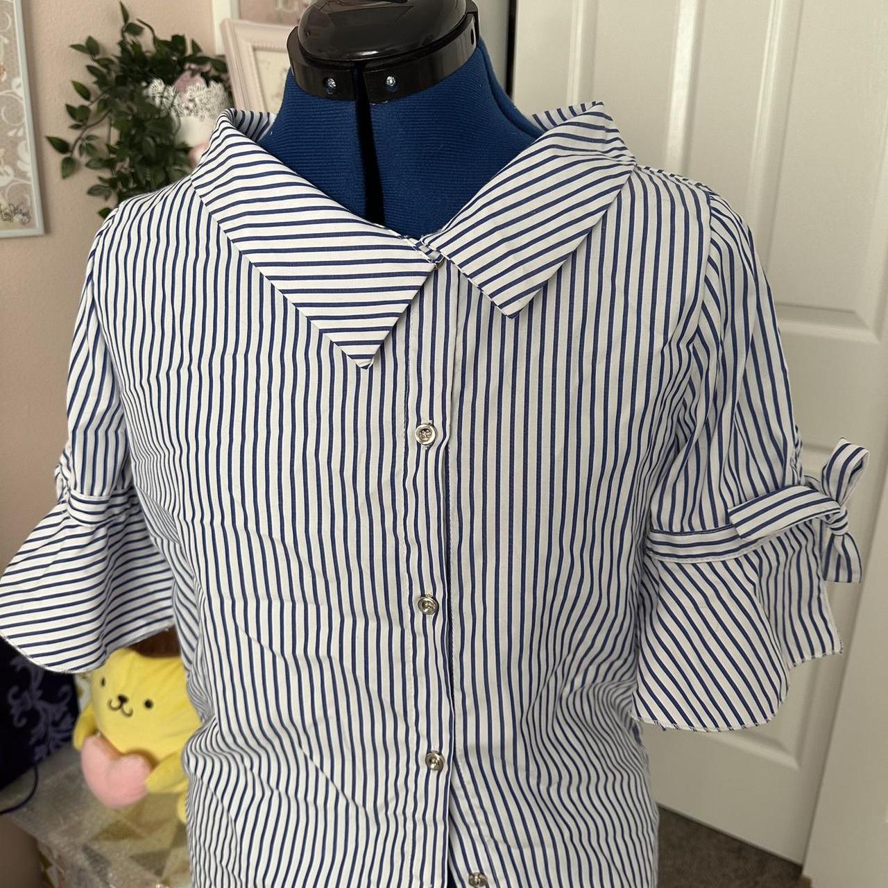 Asymmetrical blue and white striped blouse. Rough... - Depop