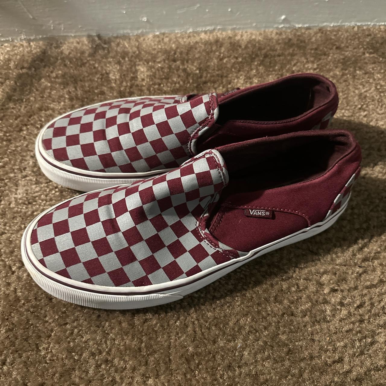 Maroon Burgundy and Gray Checkerboard Vans. Worn but