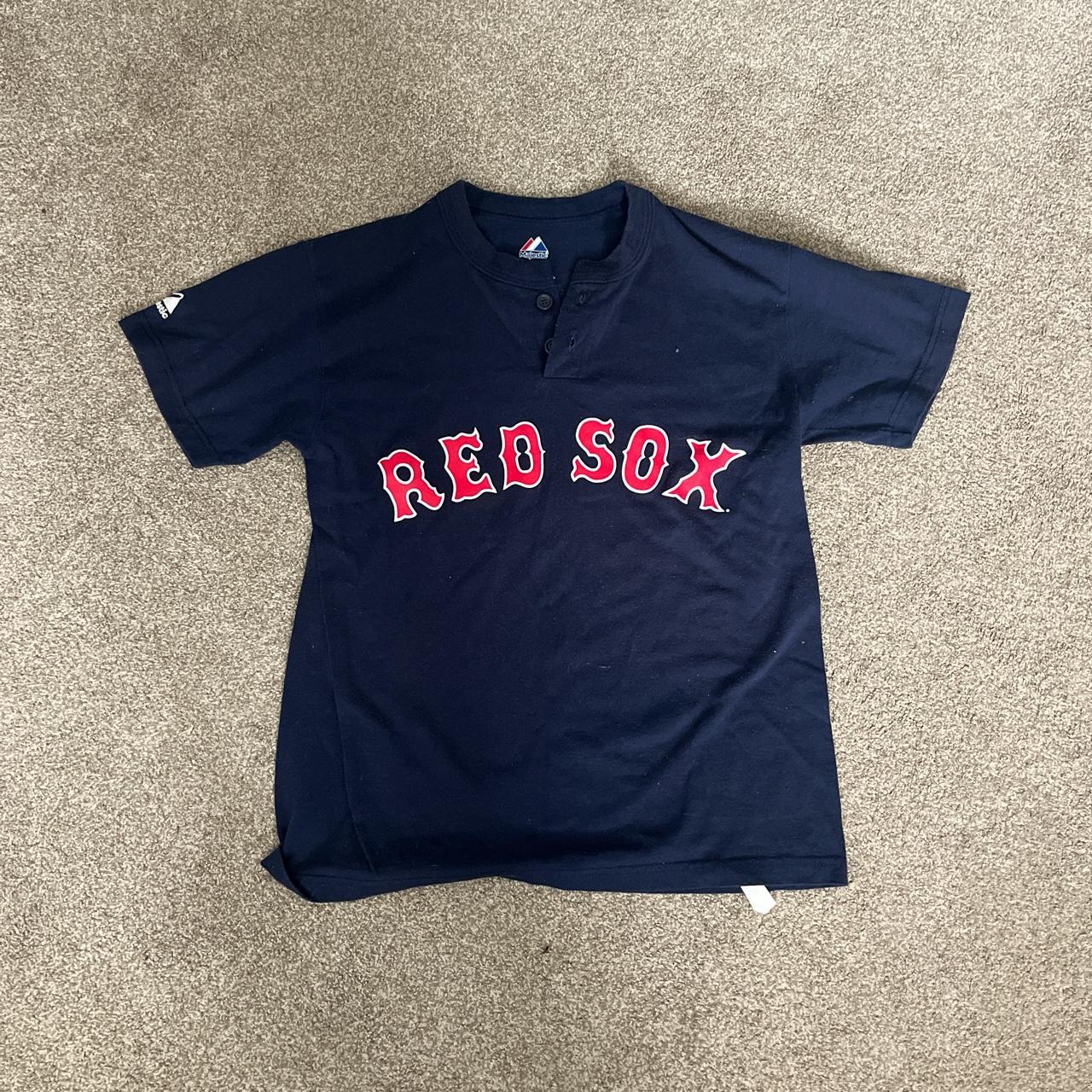 - navy blue and red red sox button tshirt - good... - Depop