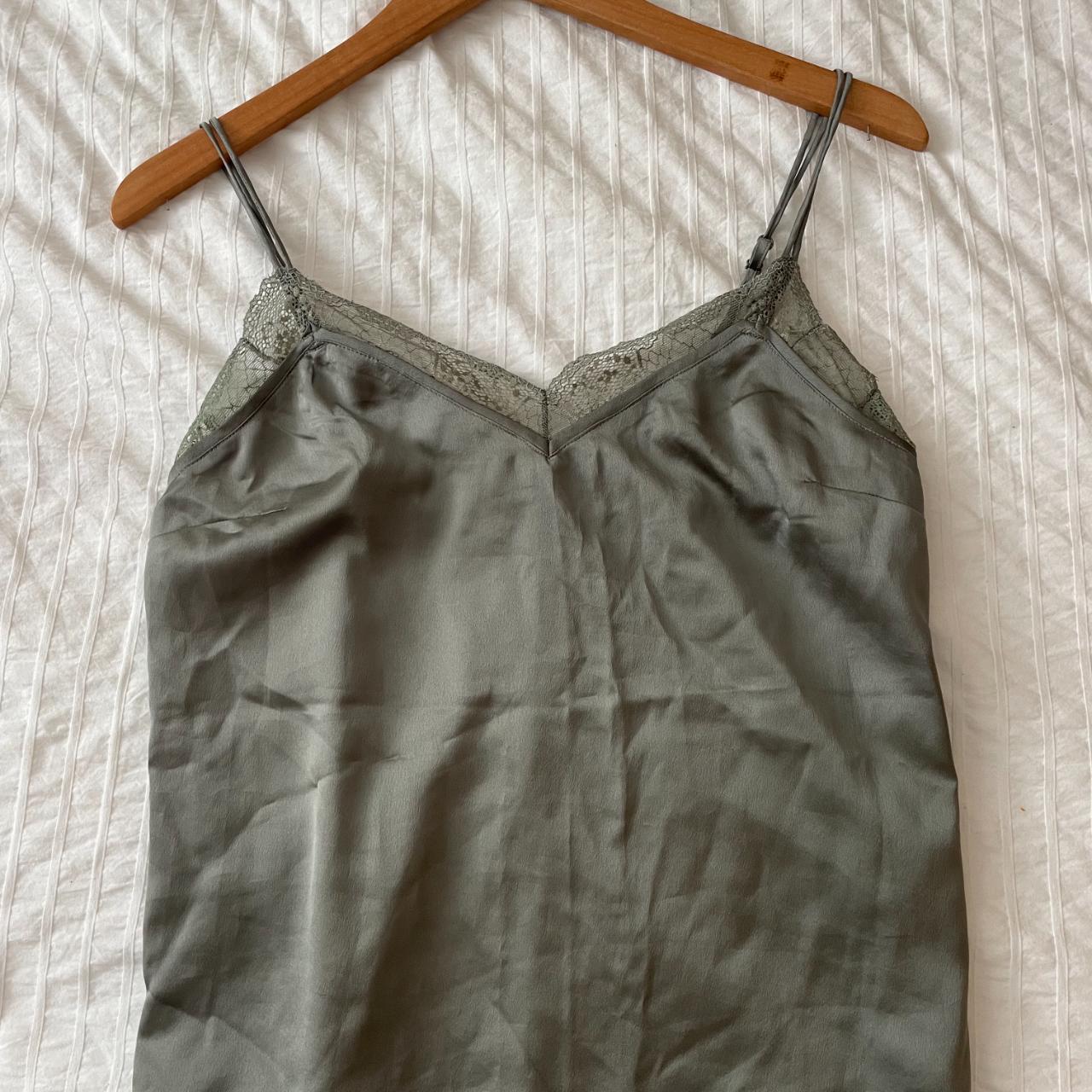 Abercrombie grey/green lace silk top, size S - Depop