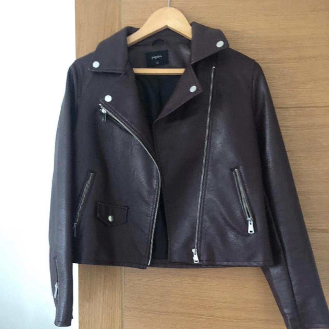 Burgundy Faux Leather Biker Jacket Matalan faux... - Depop