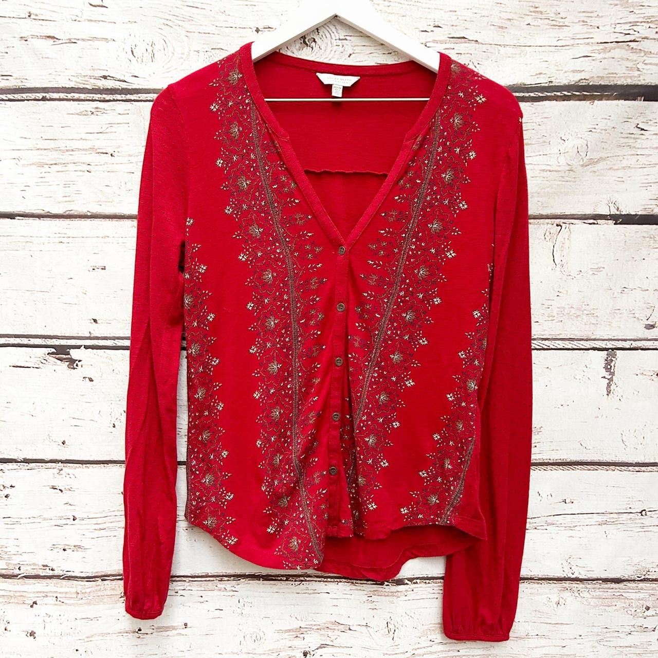 LUCKY BRAND Red Floral Print Button Up Knit Top Sz - Depop