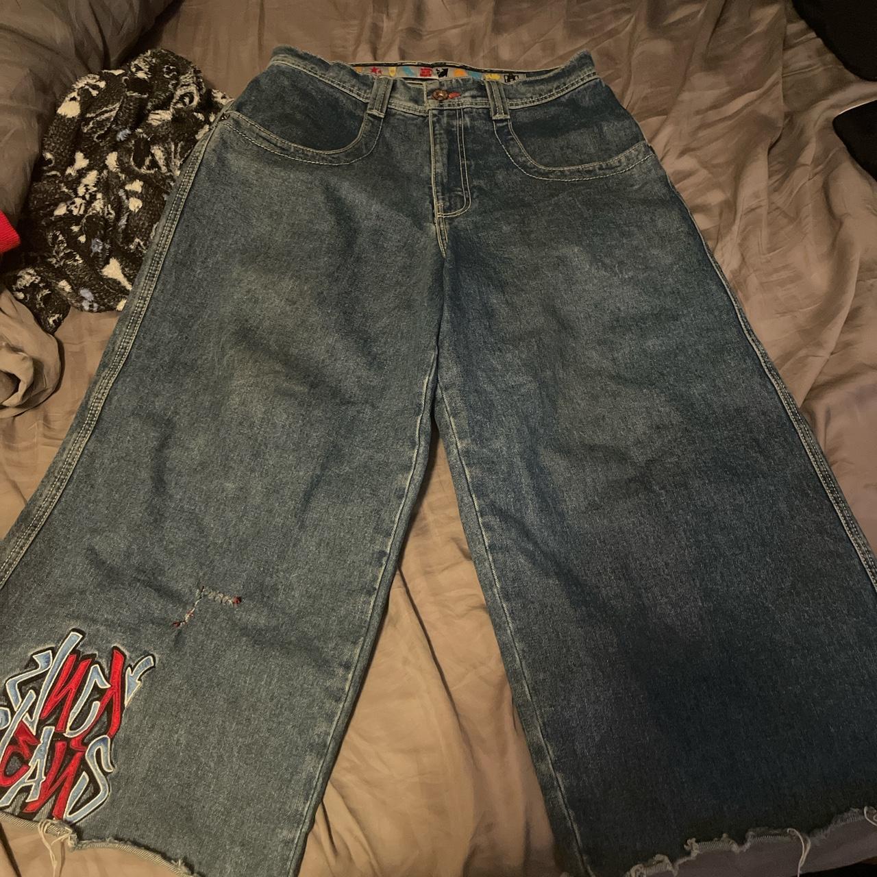 Jnco jeans rollin 32x30 cut to 28 about crazy fire... - Depop