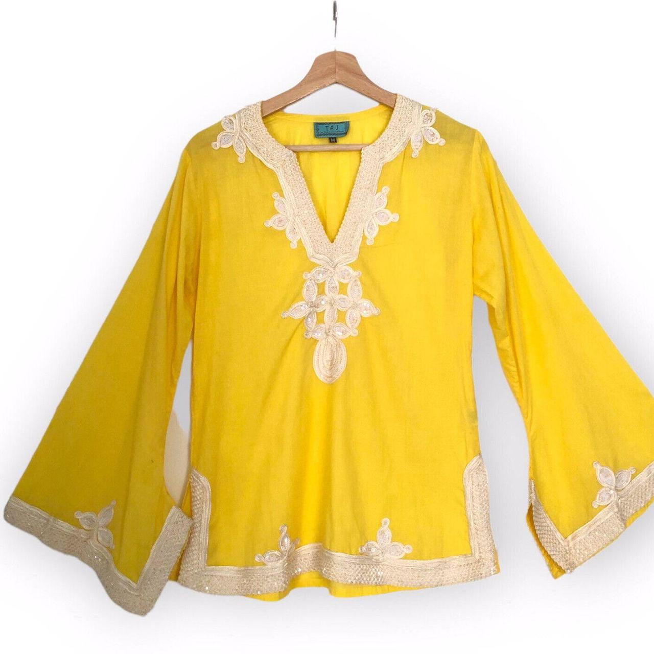 Taj Sabrina Yellow Embellished Wide Sleeve Kaftan... - Depop