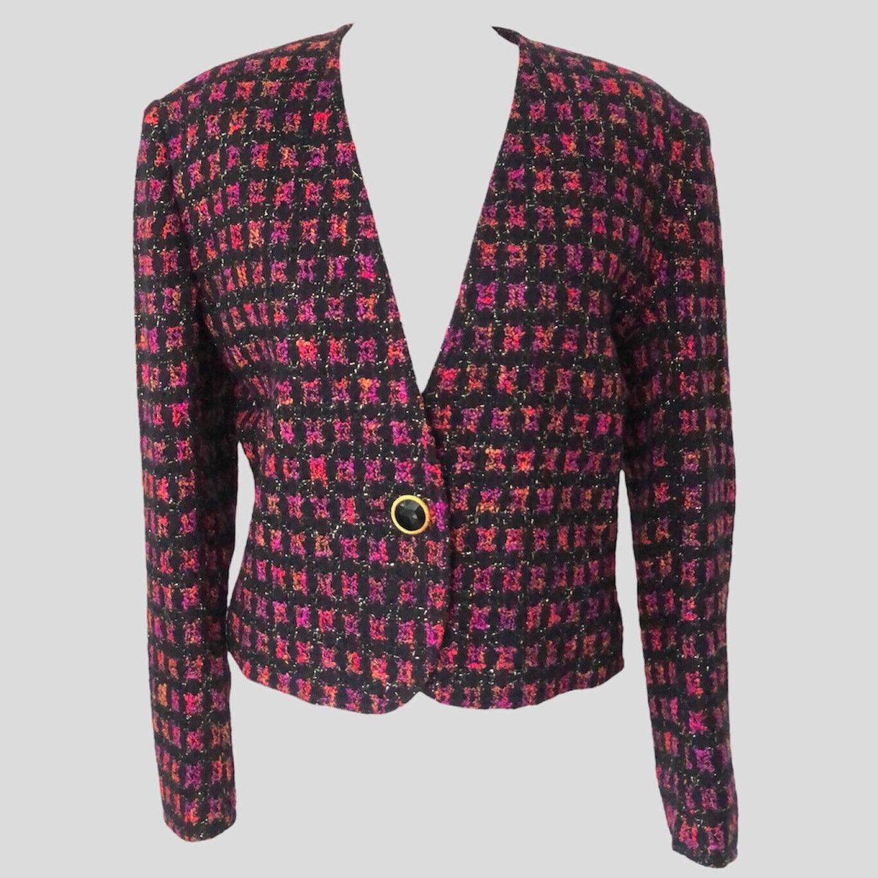 Jaeger Vintage Tweed Boucle Blazer Jacket Black Pink... - Depop