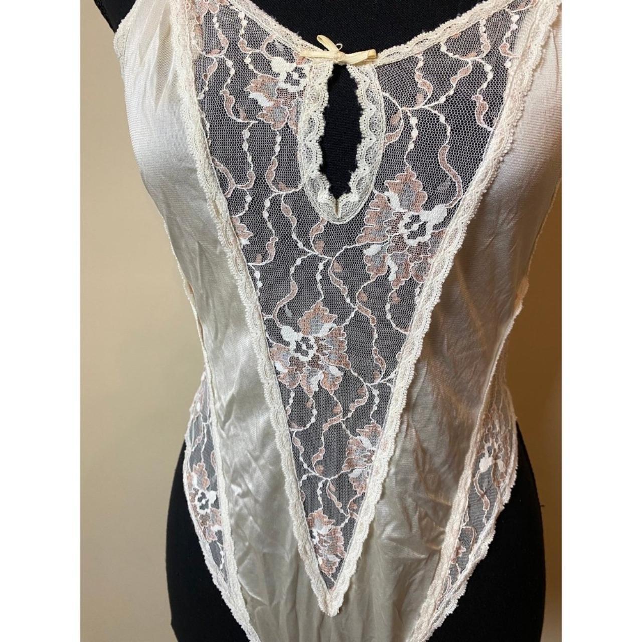 Vintage Cream Lingerie Lace Mesh V Neck Bodysuit - Depop