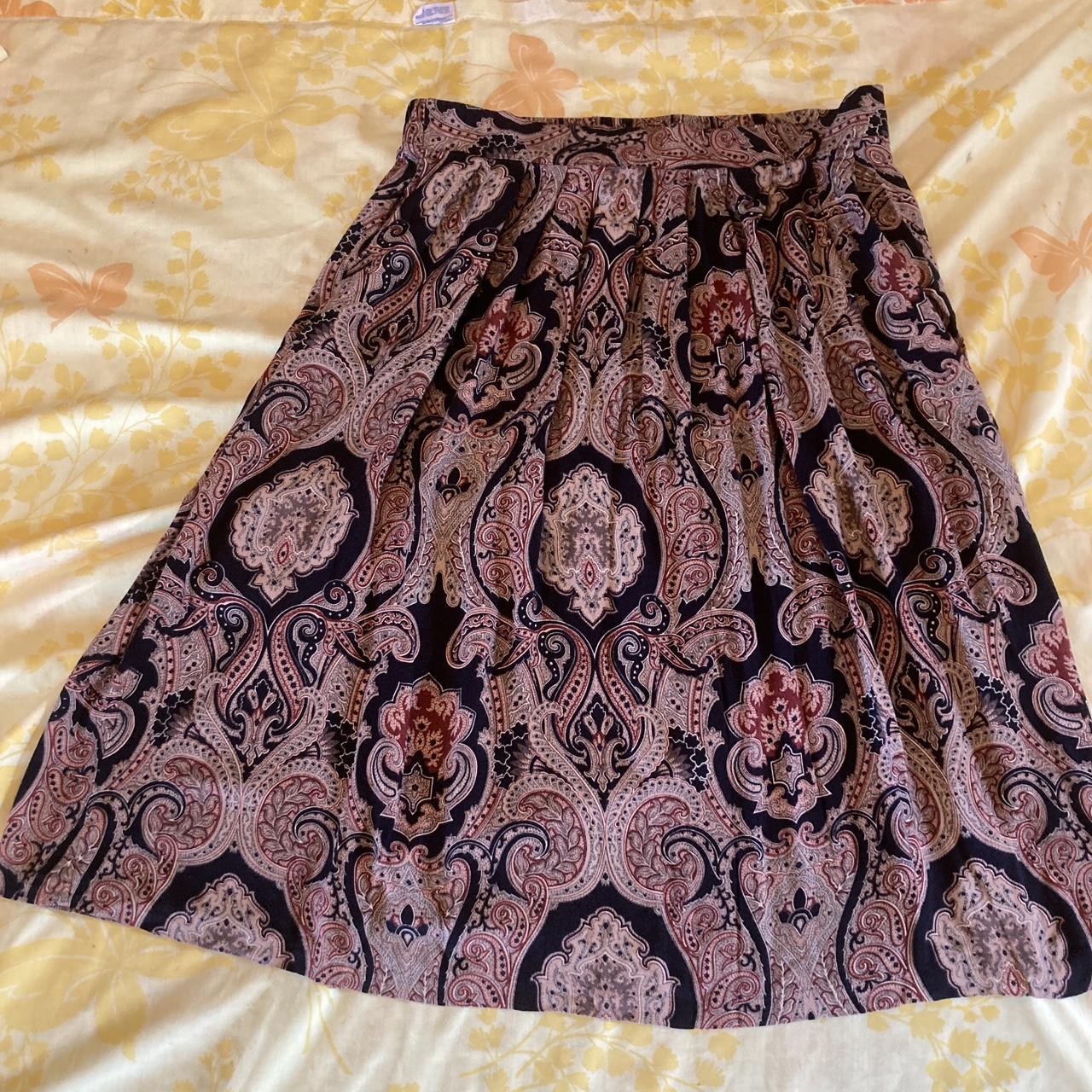 Vintage midi skirt in brown and black paisley. 1990s... - Depop