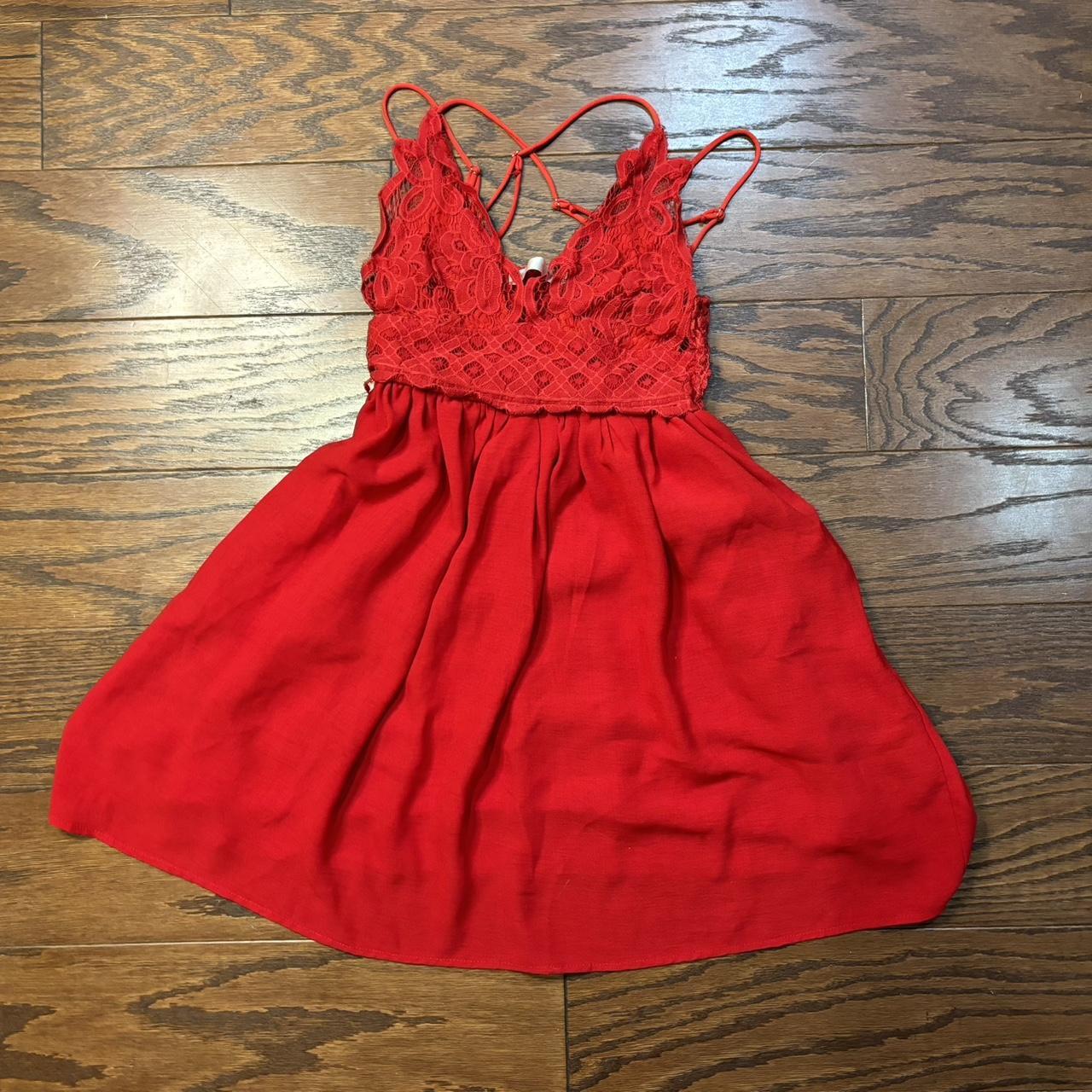 Red mini dress. Shirt red dress with lace. Lower cut... - Depop