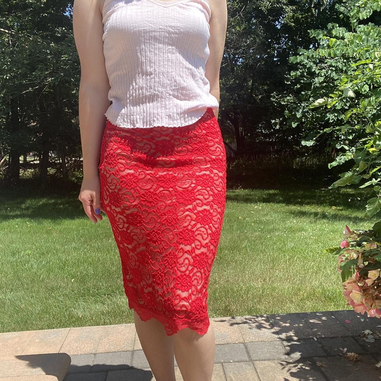 Red Lace Skirt ️ Nude Lining Size Small Slightly Depop