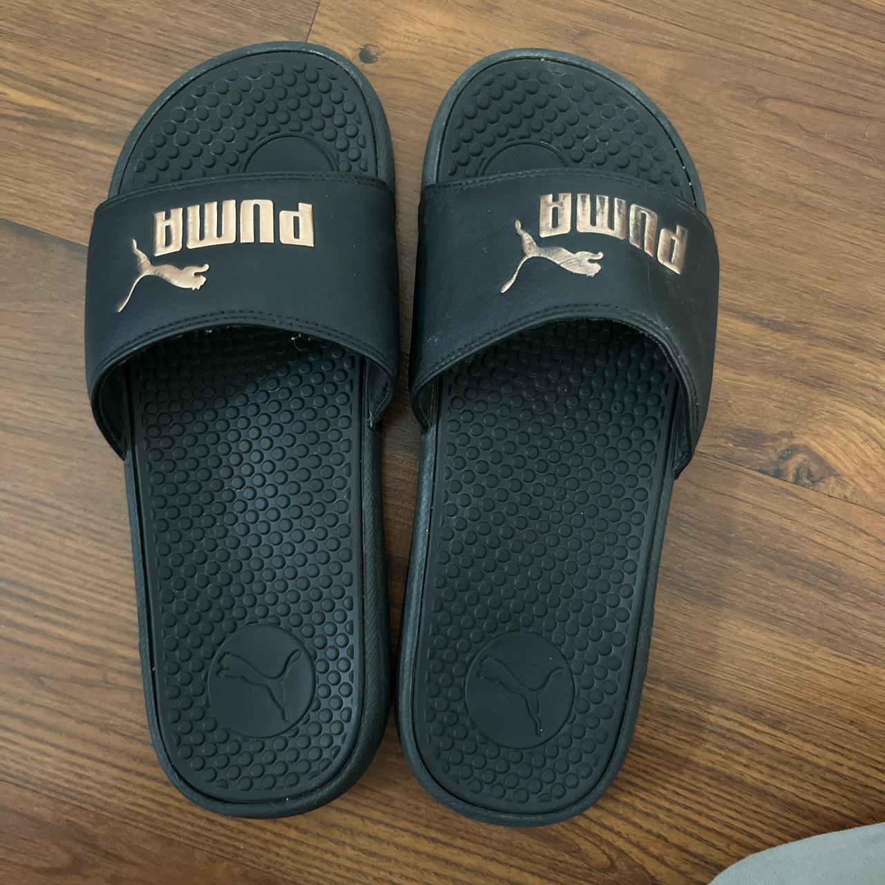 Black and Rose Gold Puma Slides - Depop