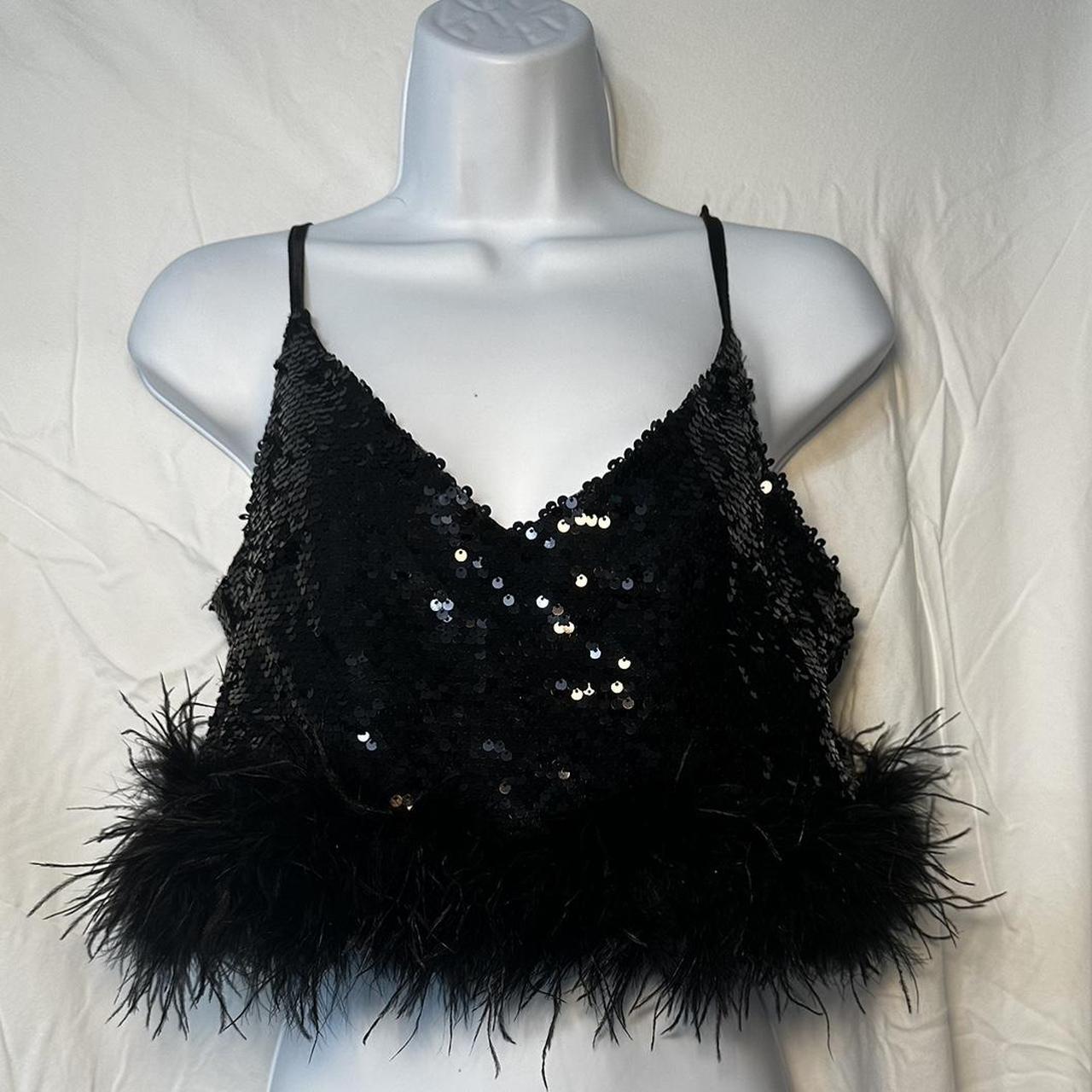 Feather Embellishment Black Sequin Crop Top Feather Embellishment Black Sequin Crop Top
