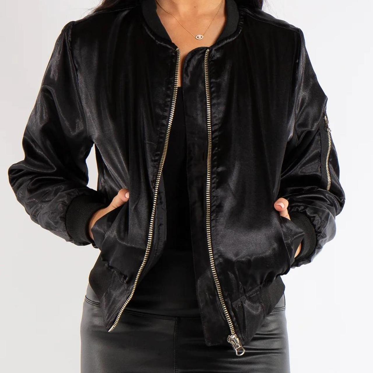 black satin bomber jacket worn once great condition... - Depop