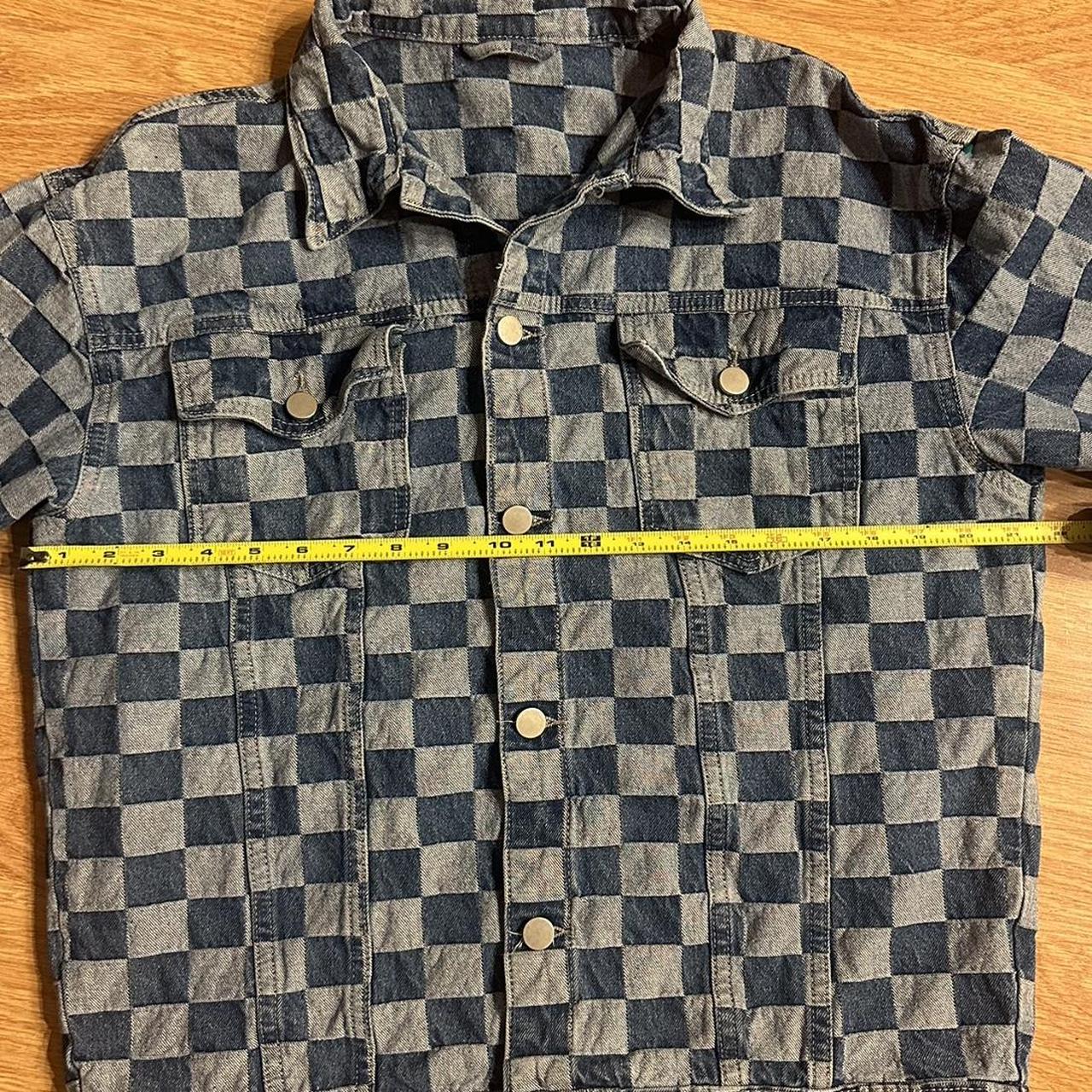 SHEIN Checkerboard Pattern Denim Jean Jacket Pockets... - Depop