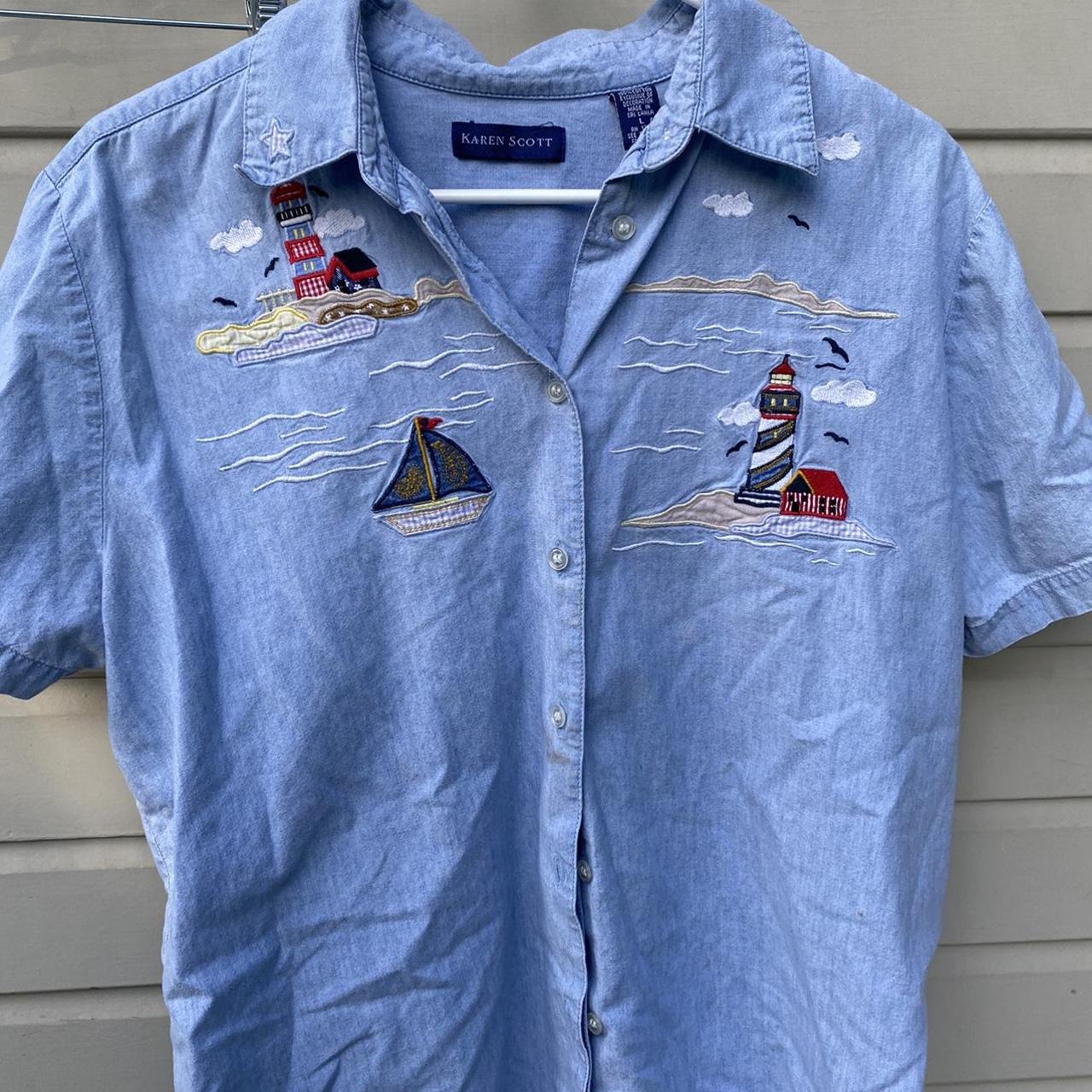 90s denim button up with cute little embroidered... - Depop