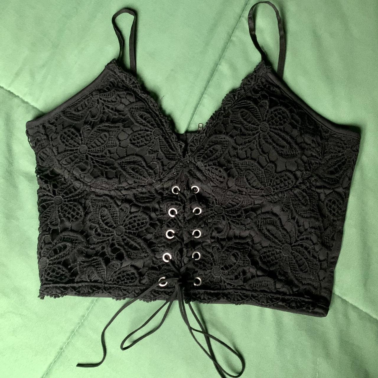 BLACK CORSET CROP TOP; LACEY FLORAL +zips in back!... - Depop