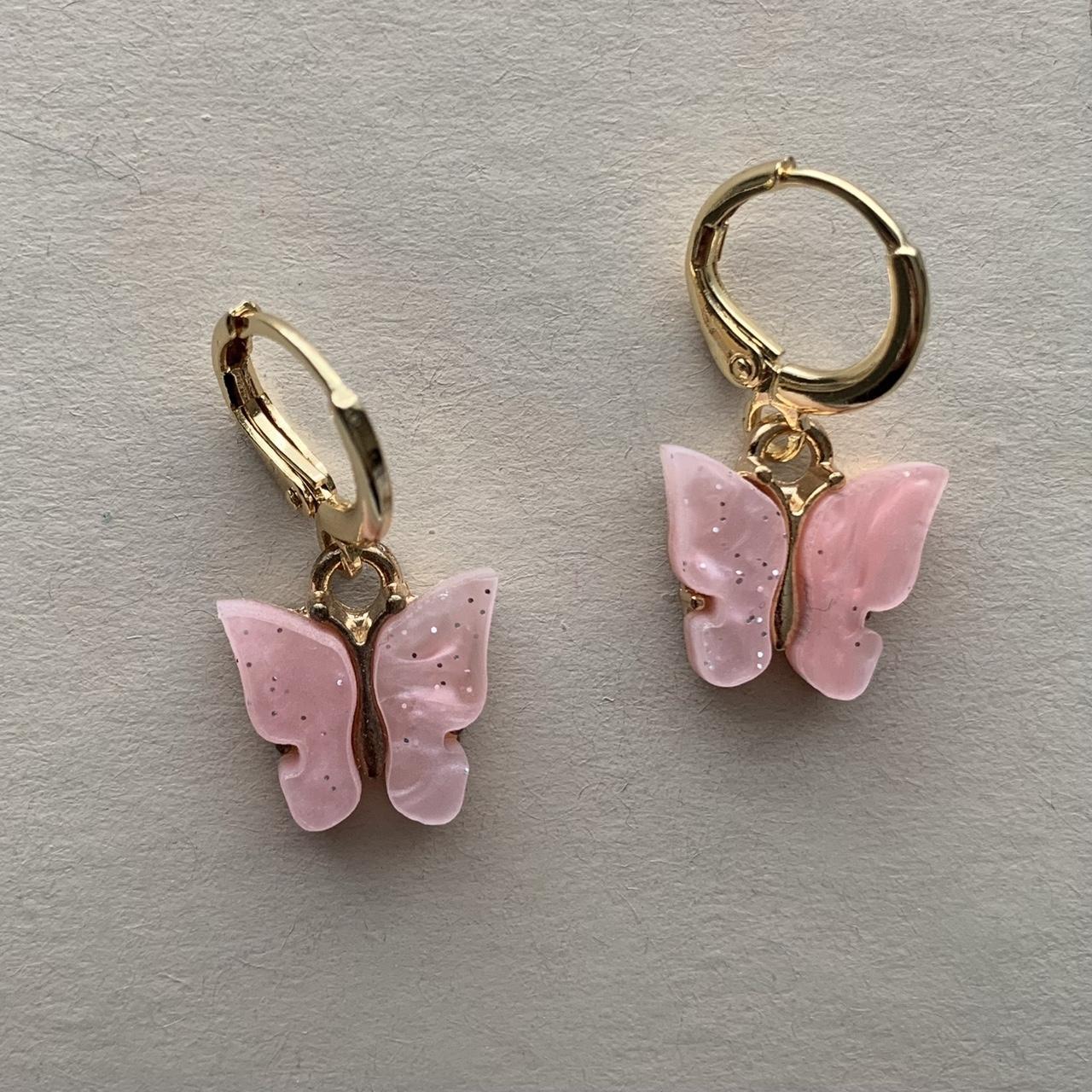 Pink Butterfly Gold Small Hoop Earrings 🤍... - Depop