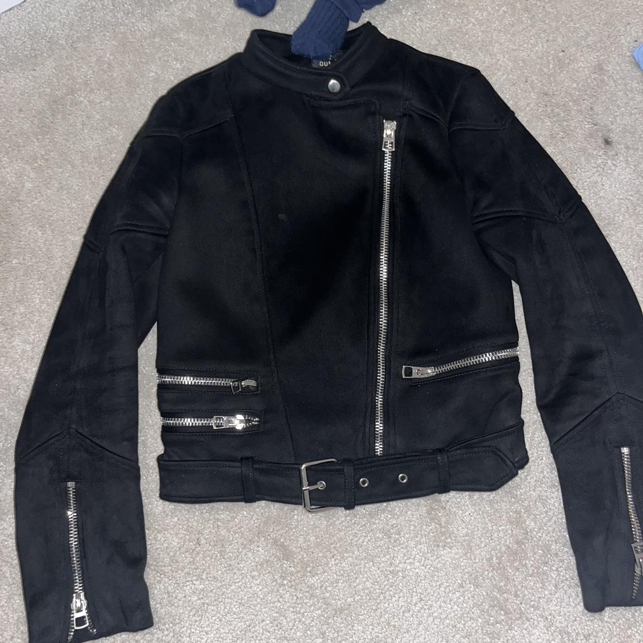 Zara black suede biker jacket with silver zip... - Depop