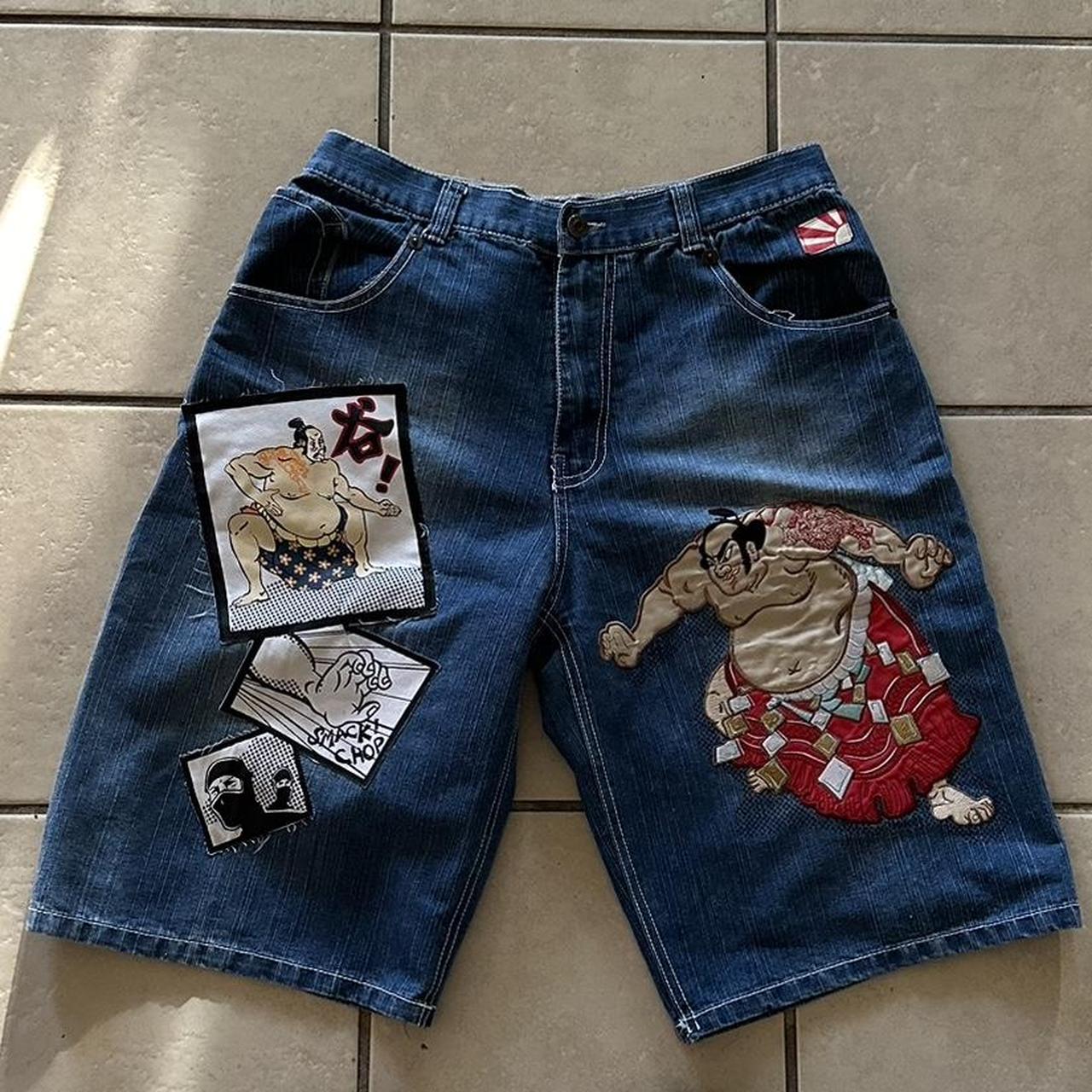 Crazy jorts with patches ( one of one ) Size:... - Depop