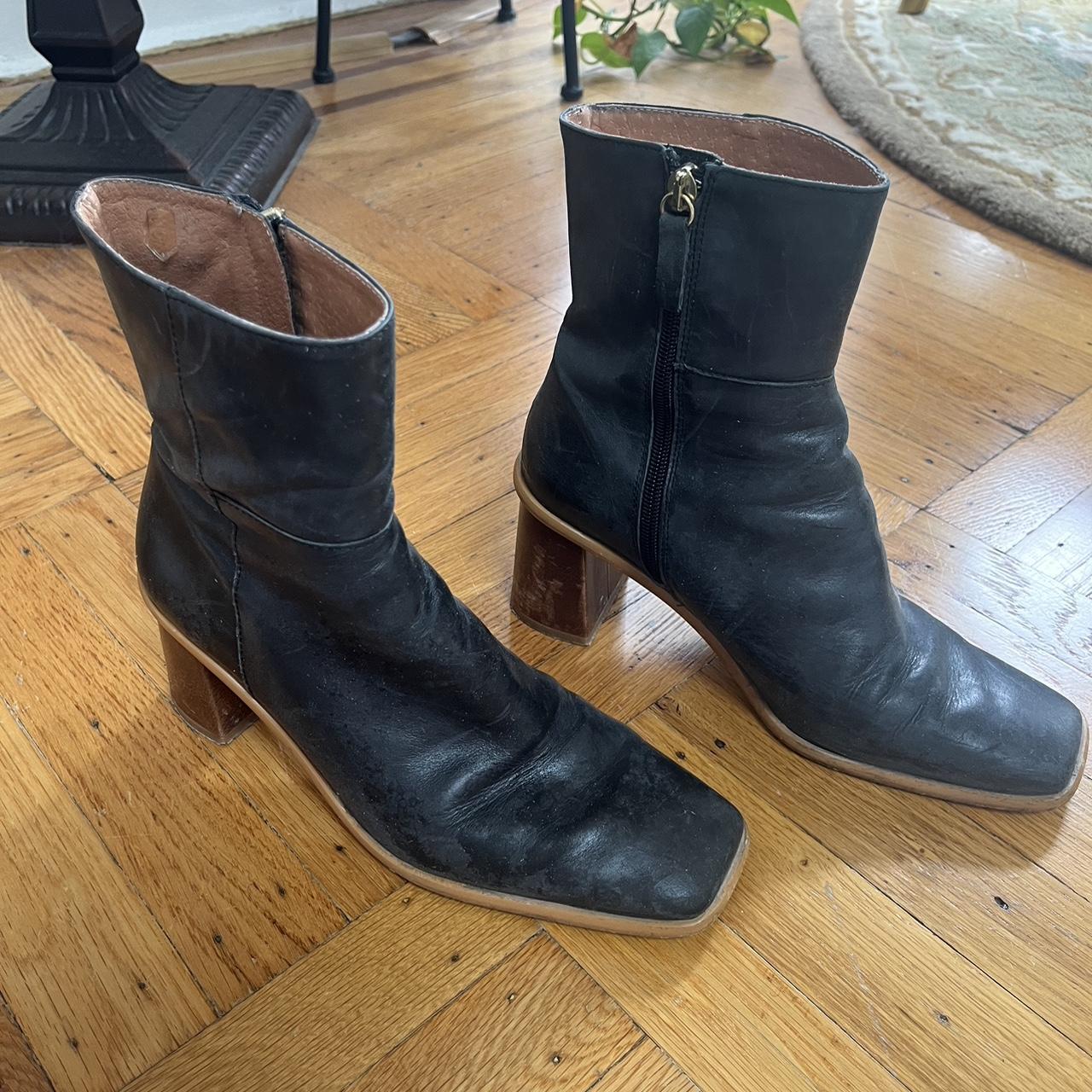 Black leather booties with wooden heel hotsell